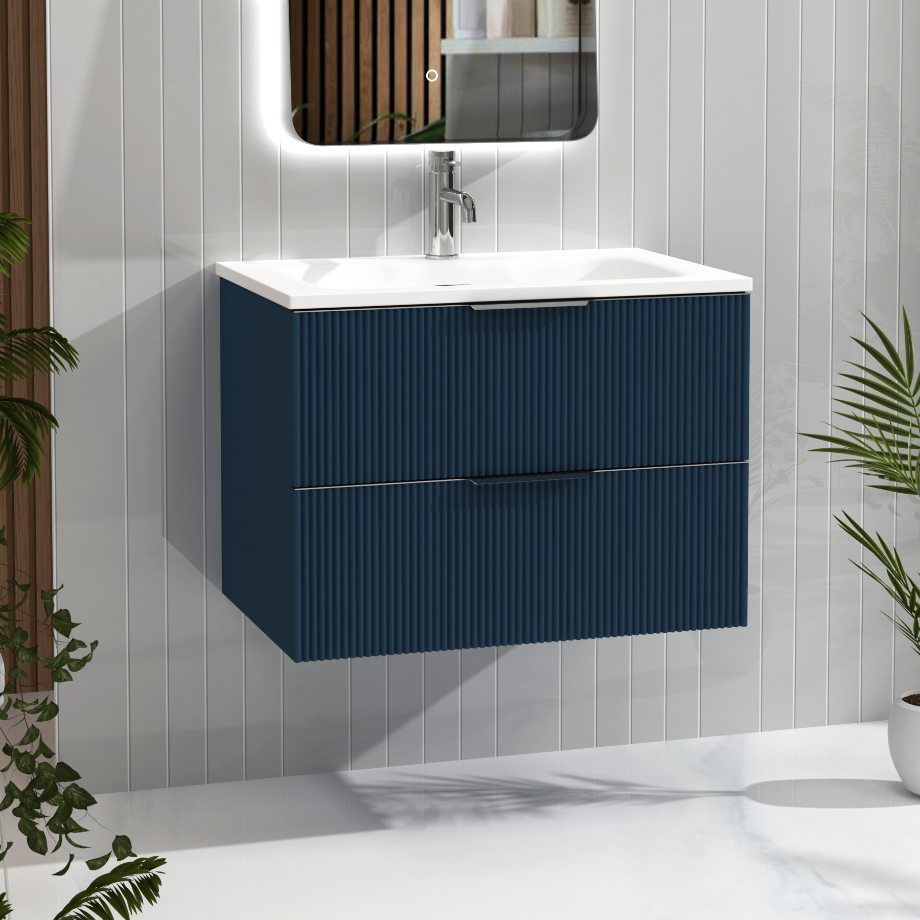 Evora Midnight Blue Fluted Wall Hung Vanity Unit 2 Drawer with Matt Stone Basin - Multiple Size