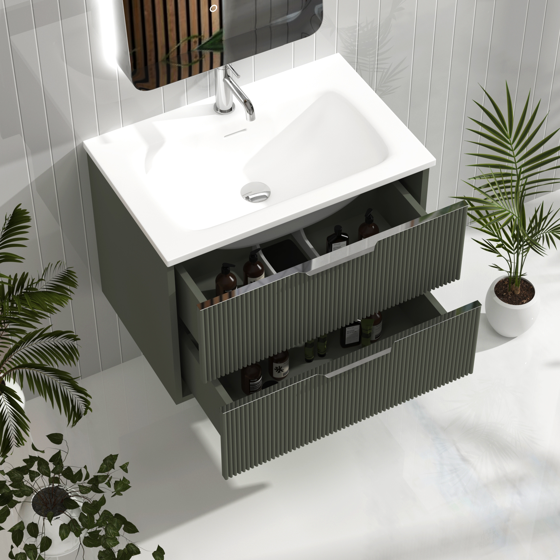 Evora 700mm Sage Green Fluted Wall Hung Vanity Unit 2 Drawer with Matt Stone Basin