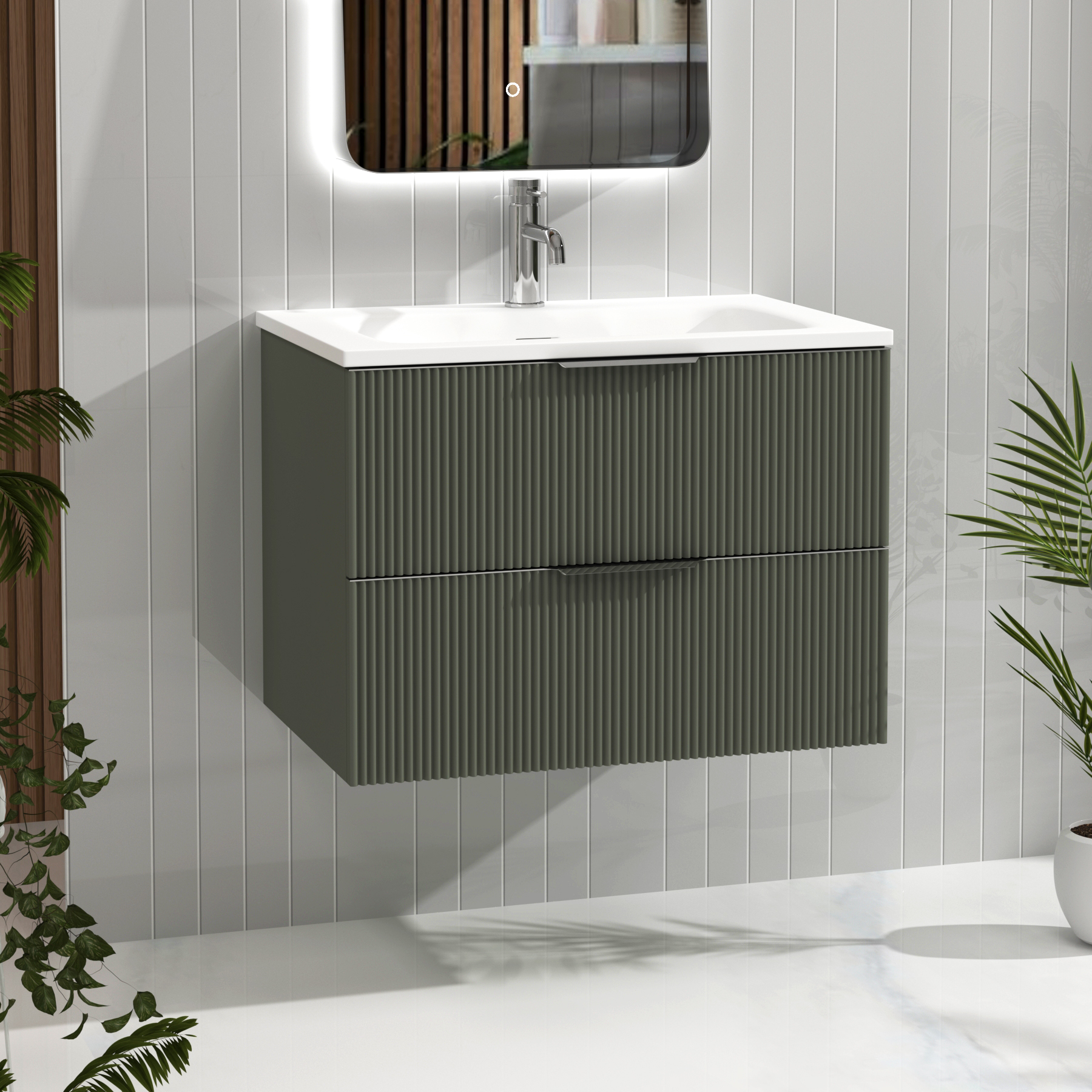 Evora 700mm Sage Green Fluted Wall Hung Vanity Unit 2 Drawer with Matt Stone Basin