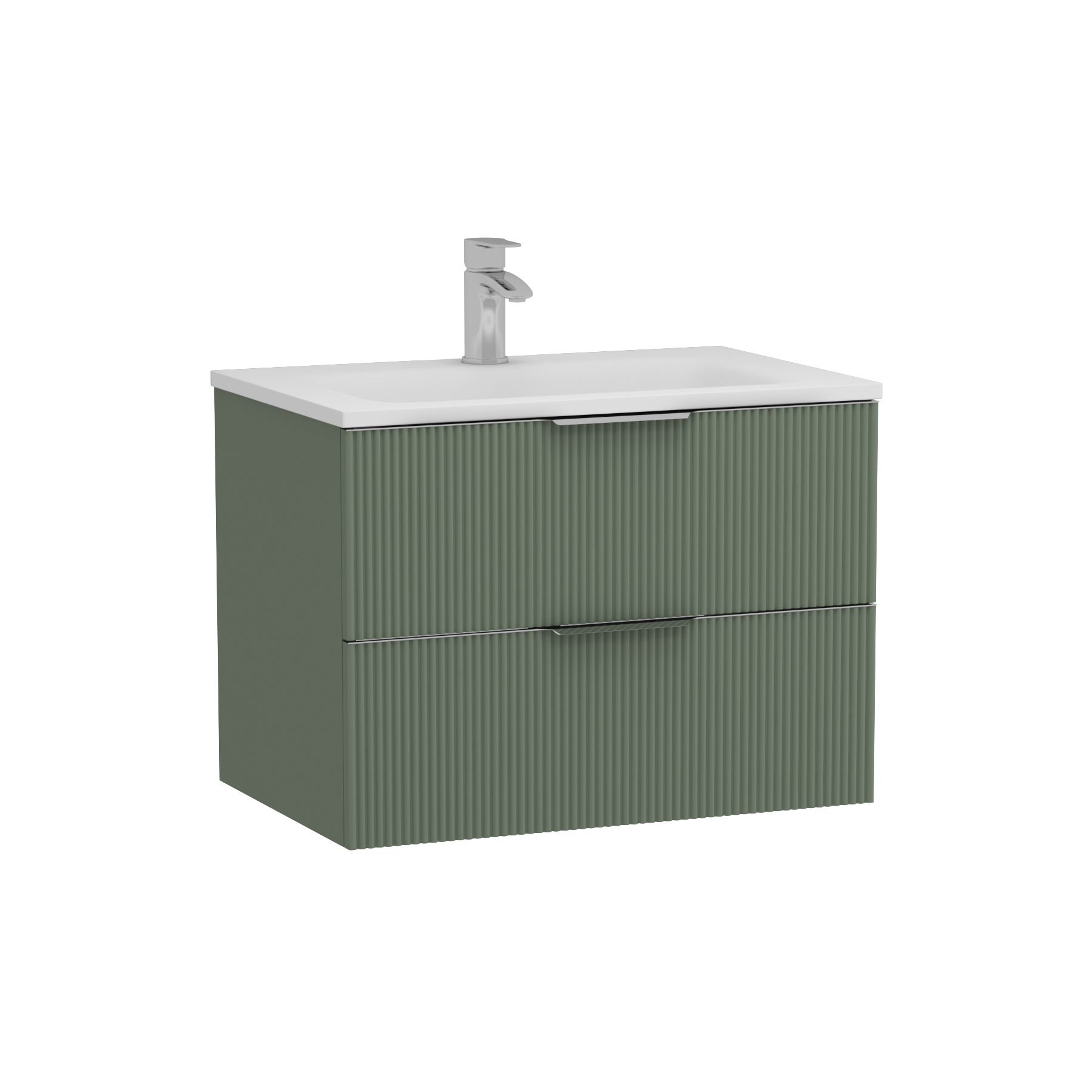 Evora 700mm Sage Green Fluted Wall Hung Vanity Unit 2 Drawer with Matt Stone Basin