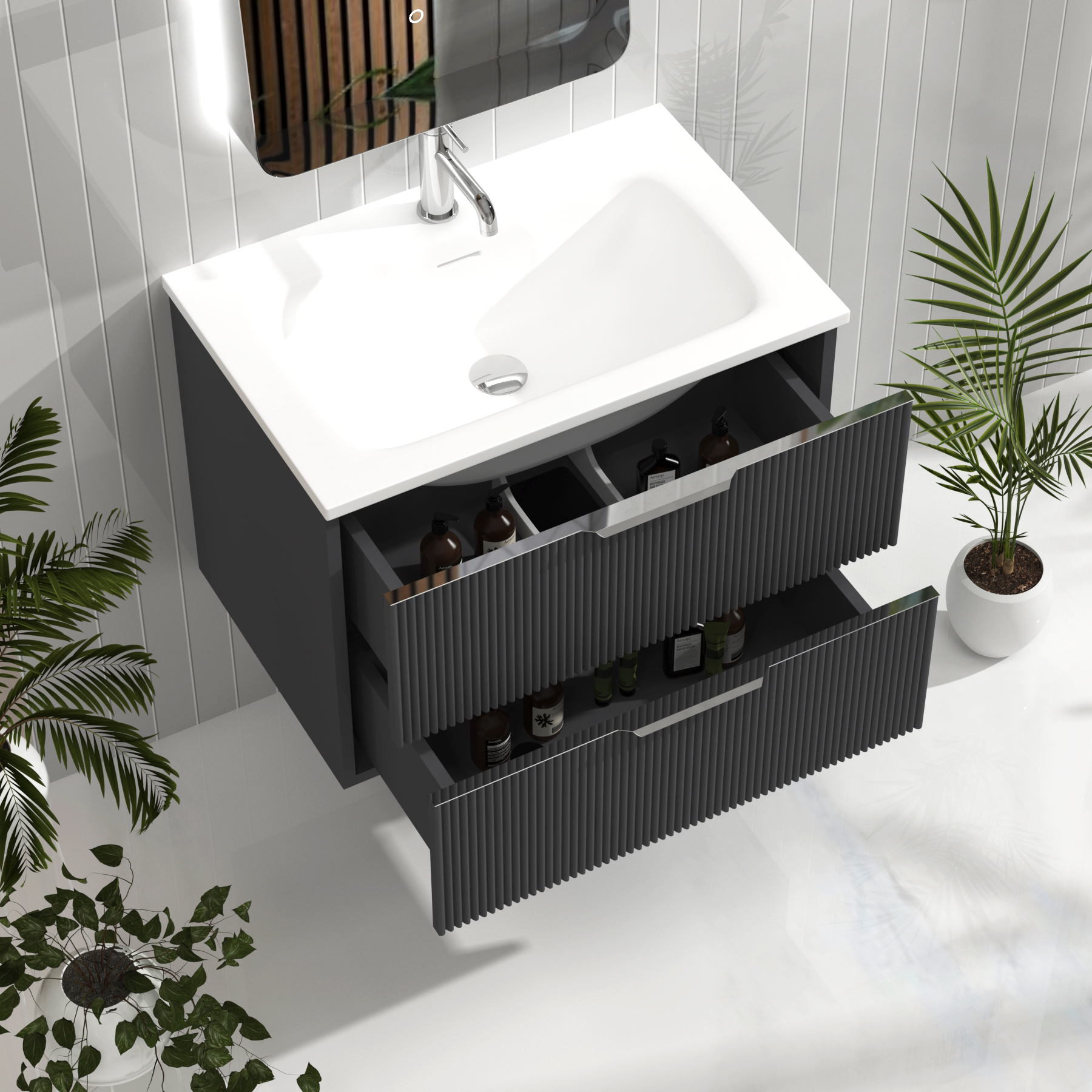 Evora 700mm Graphite Grey Fluted Wall Hung Vanity Unit 2 Drawer with Matt Stone Basin