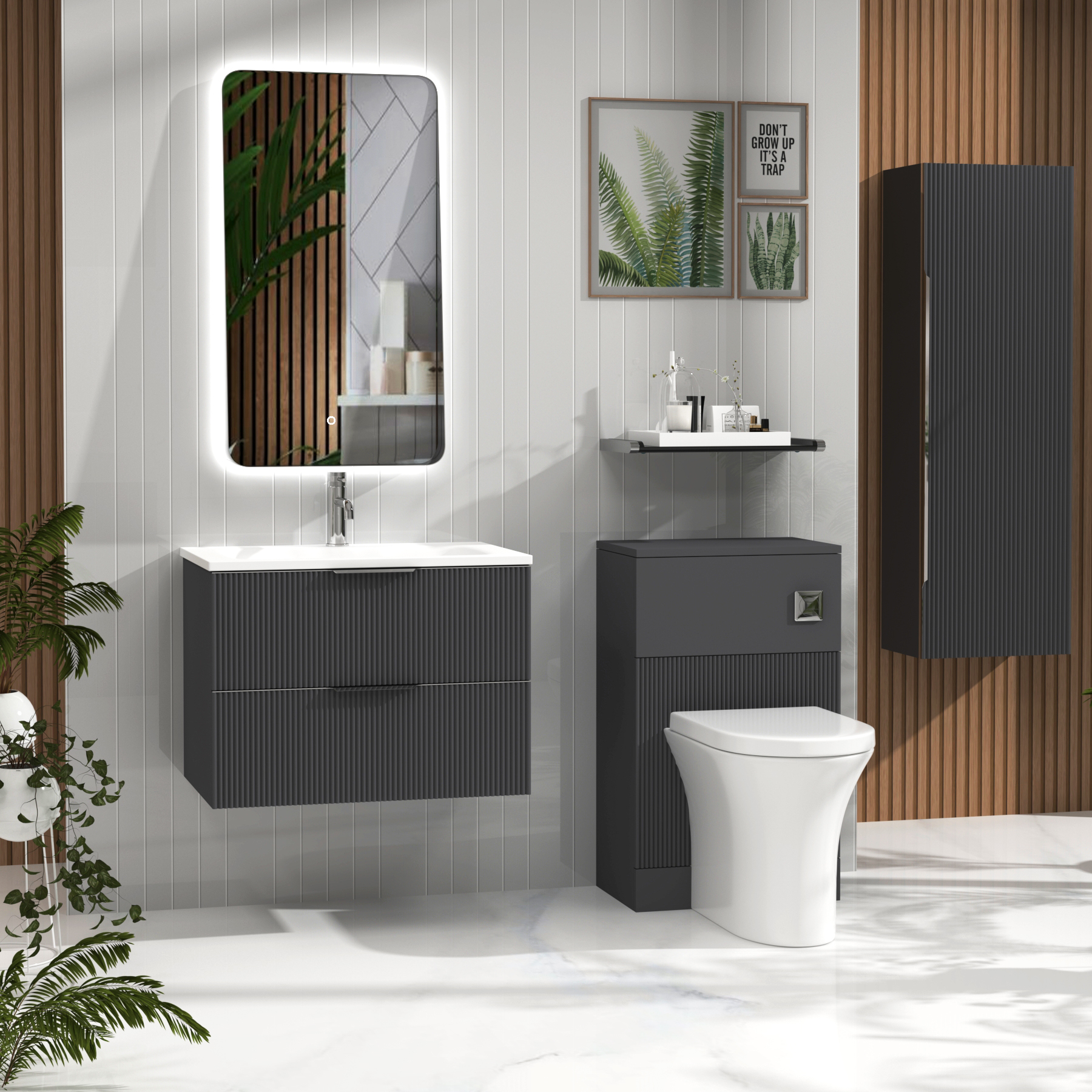 Evora 700mm Graphite Grey Fluted Wall Hung Vanity Unit 2 Drawer with Matt Stone Basin