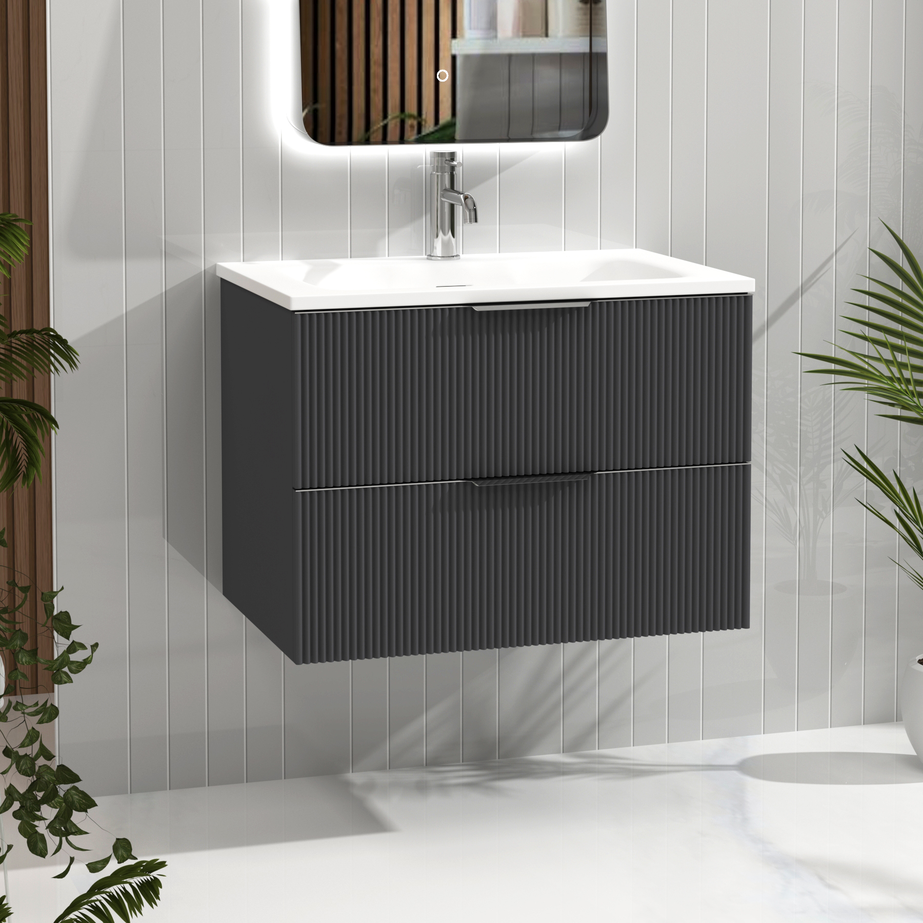Evora 700mm Graphite Grey Fluted Wall Hung Vanity Unit 2 Drawer with Matt Stone Basin