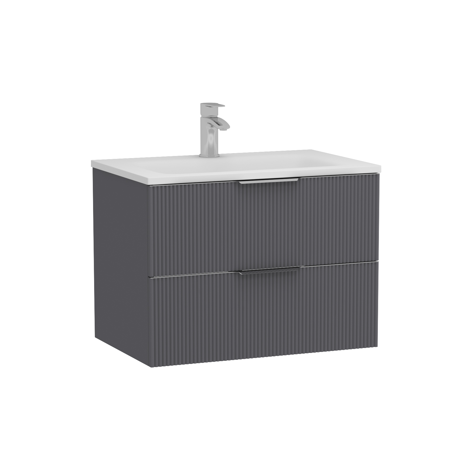 Evora 700mm Graphite Grey Fluted Wall Hung Vanity Unit 2 Drawer with Matt Stone Basin