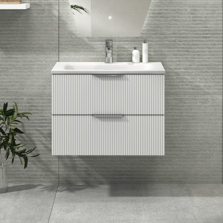 Evora Satin White Fluted 2 Drawer Wall Hung Vanity Unit with Stone Basin