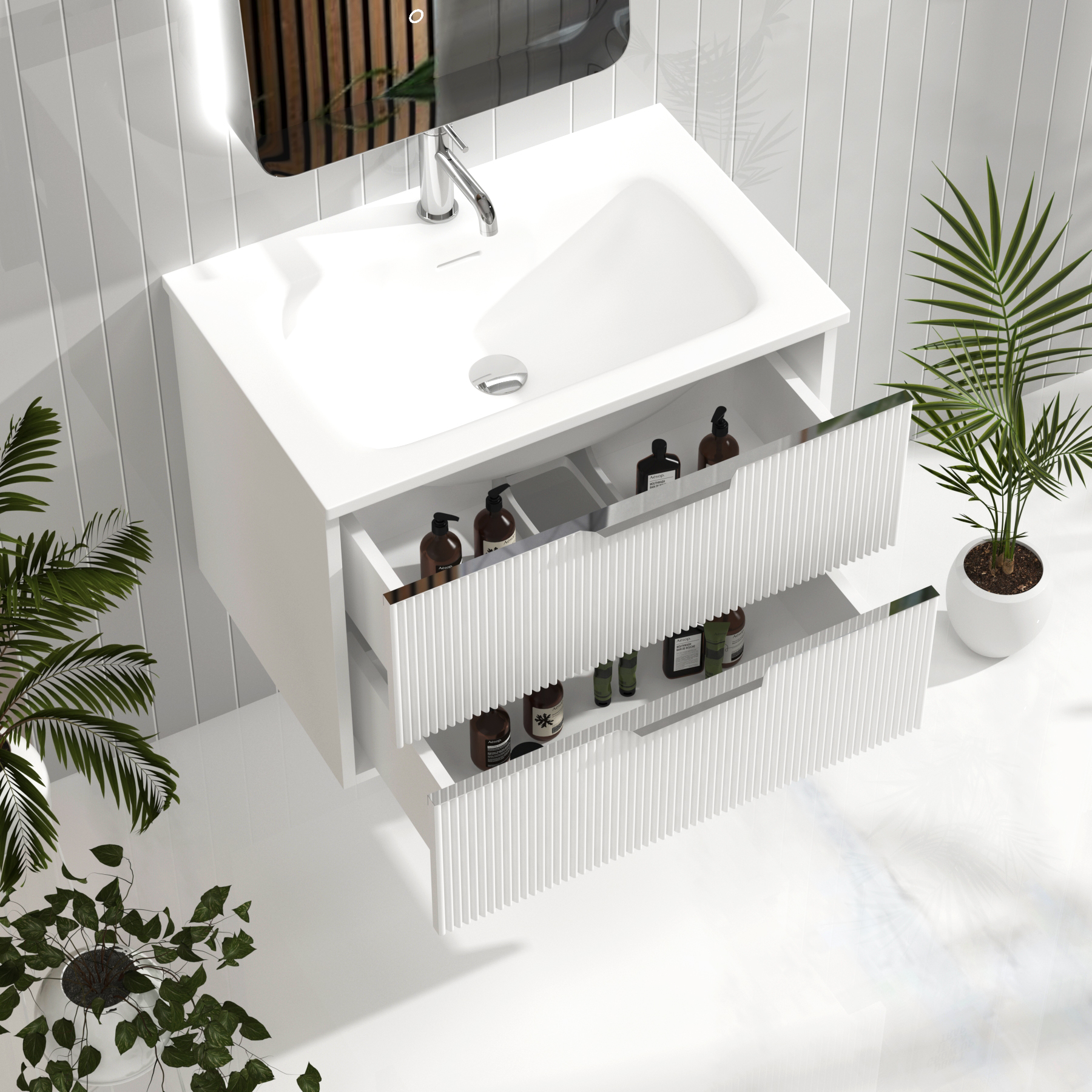 Evora 700mm Matt White Fluted Wall Hung Vanity Unit 2 Drawer with Matt Stone Basin