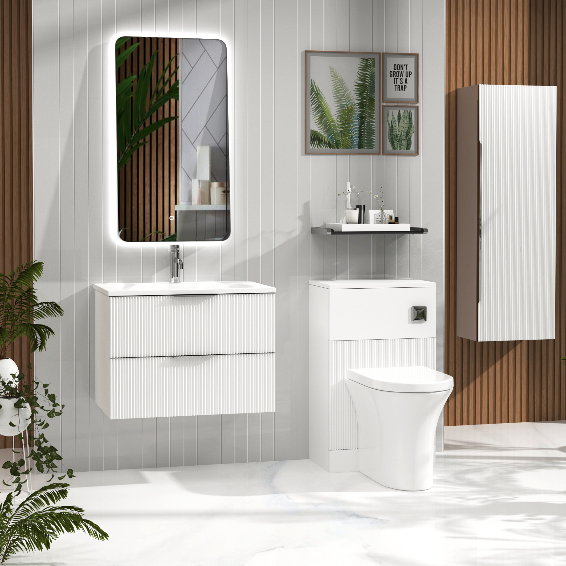 Evora 700mm Matt White Fluted Wall Hung Vanity Unit 2 Drawer with Matt Stone Basin