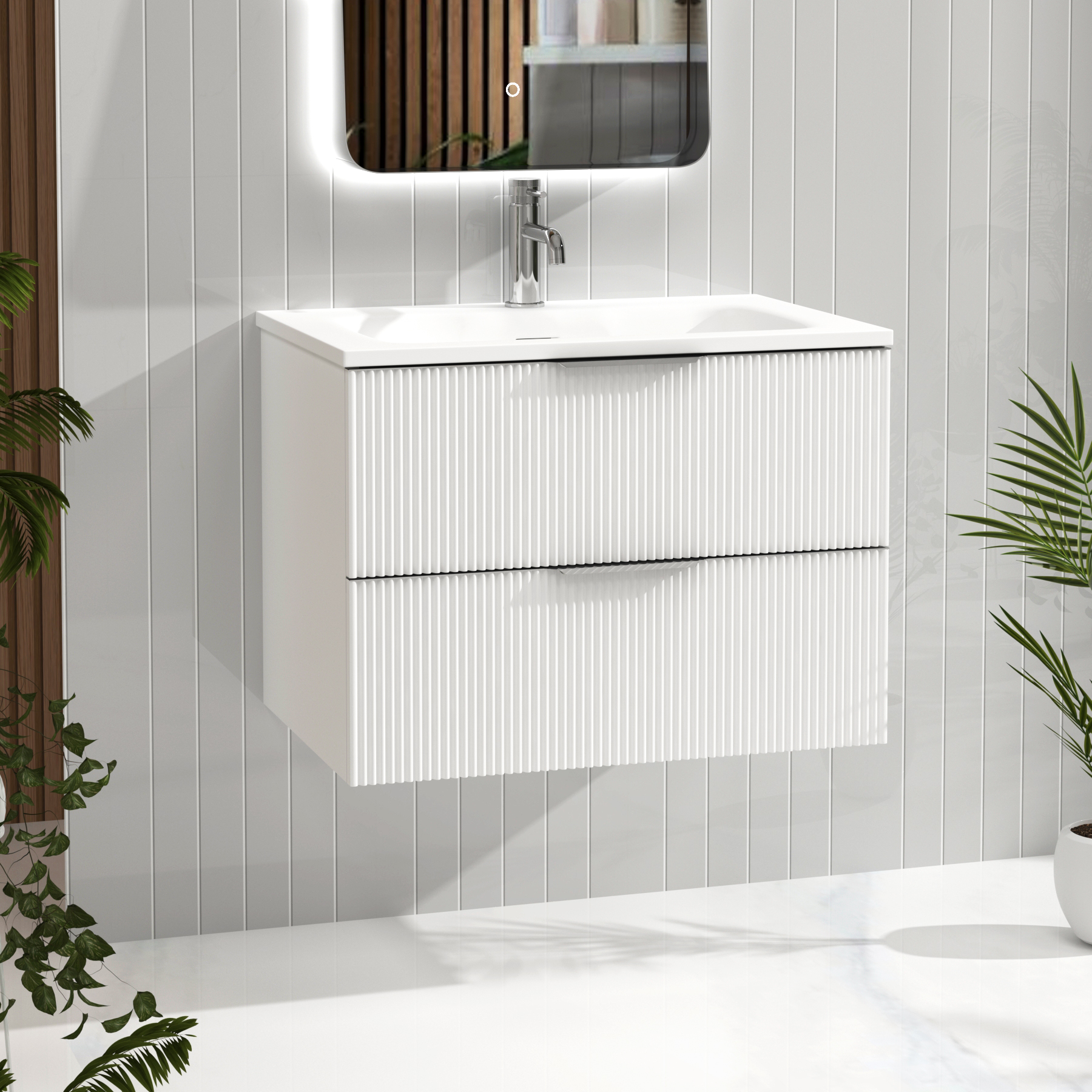 Evora 700mm Matt White Fluted Wall Hung Vanity Unit 2 Drawer with Matt Stone Basin