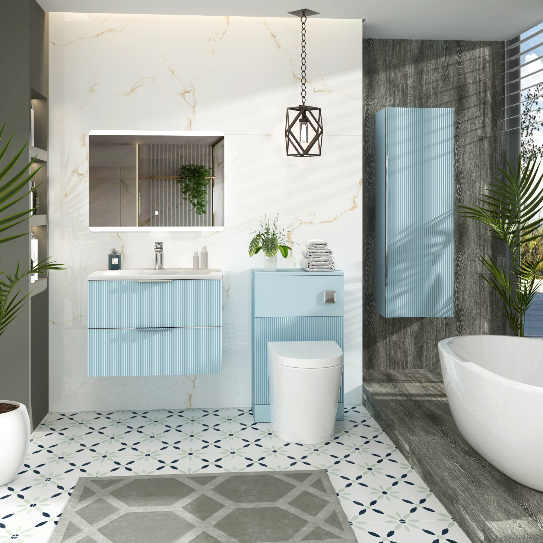 Evora 700mm Powder Blue Fluted Wall Hung Vanity Unit 2 Drawer with Matt Stone Basin