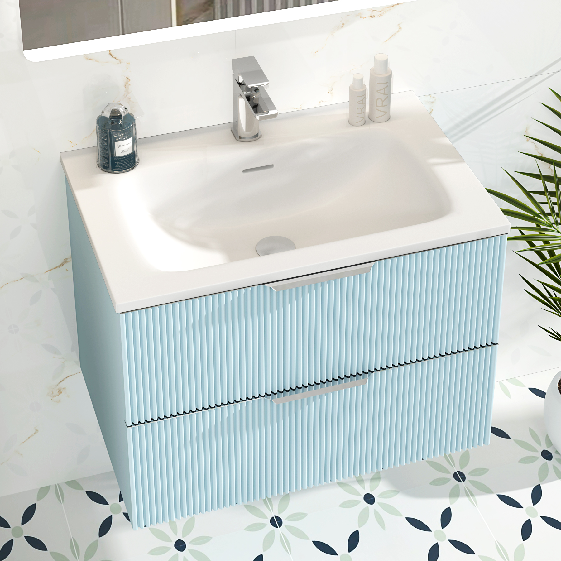 Evora 700mm Powder Blue Fluted Wall Hung Vanity Unit 2 Drawer with Matt Stone Basin