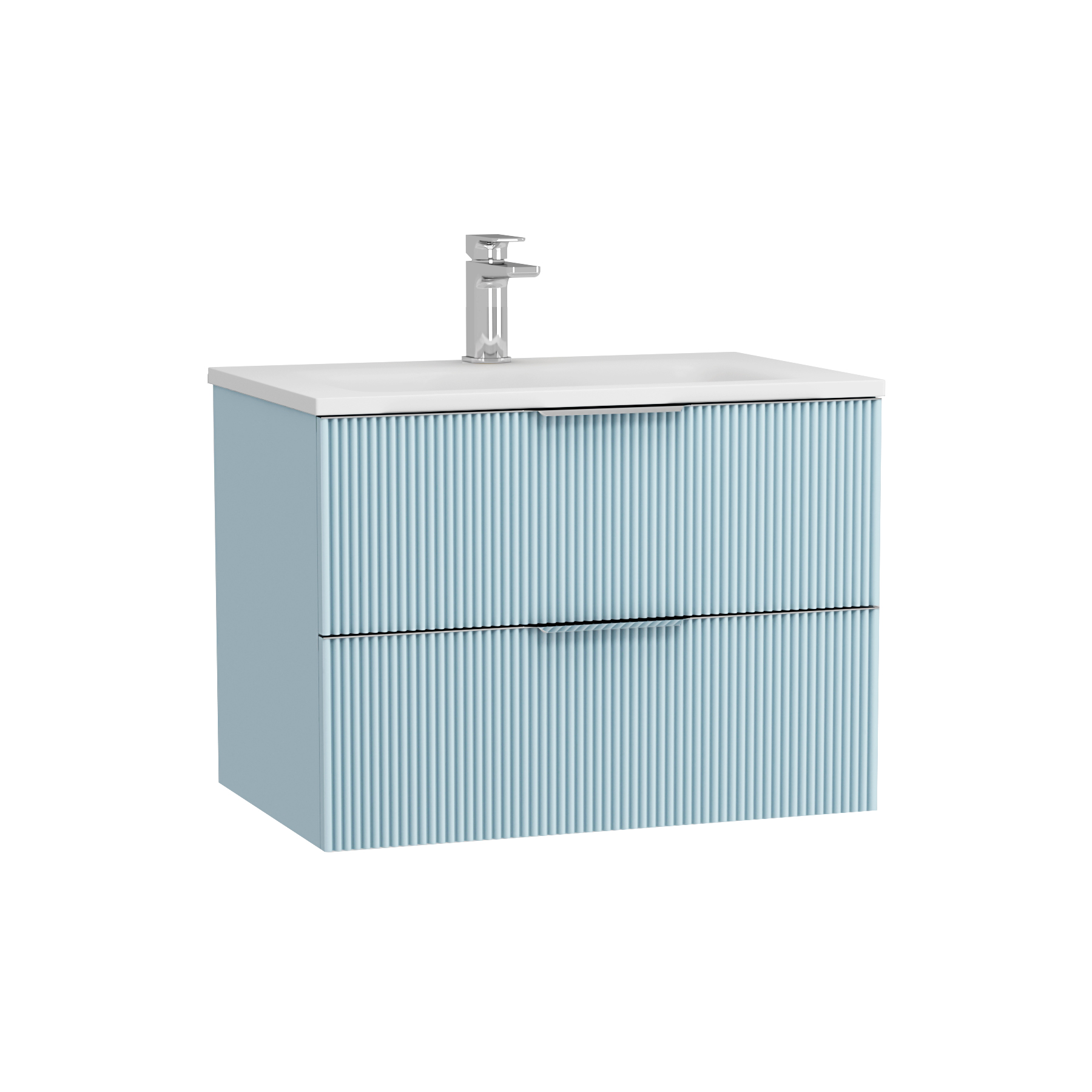 Evora 700mm Powder Blue Fluted Wall Hung Vanity Unit 2 Drawer with Matt Stone Basin