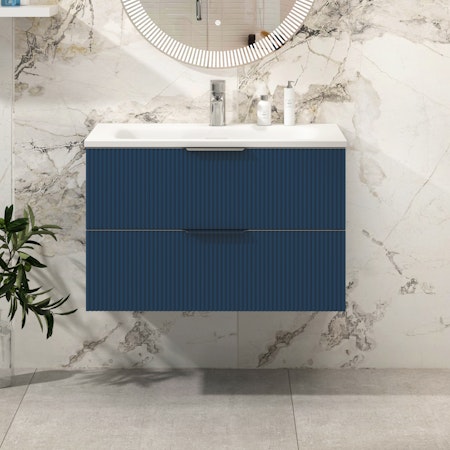 Evora 800mm Satin Blue Fluted Wall Hung Vanity Unit 2 Drawer with Undrilled Stone Basin