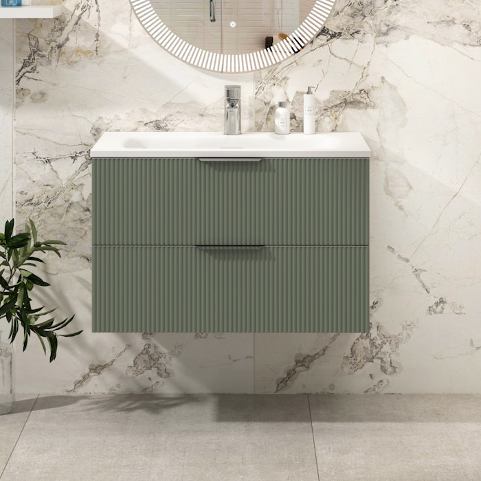 Evora 800mm Satin Green Fluted Wall Hung Vanity Unit 2 Drawer with ...