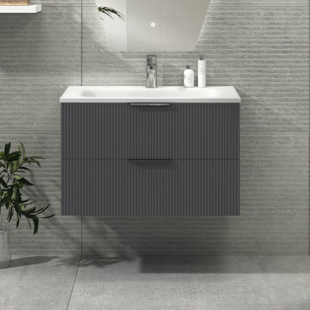 Evora 800mm Satin Grey Fluted Wall Hung Vanity Unit 2 Drawer with Stone Basin