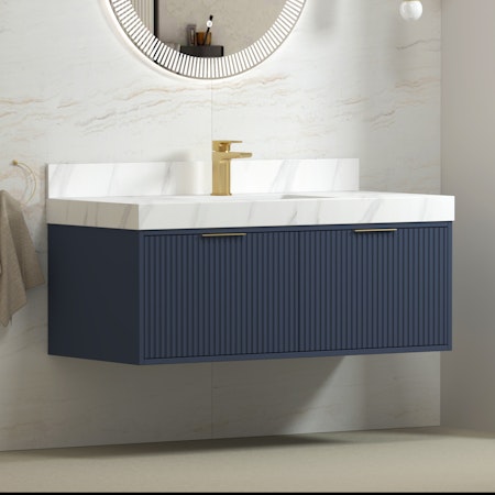 Florina 1200mm Navy Blue Vanity Unit with Carrara White Top & Brushed Brass Handle
