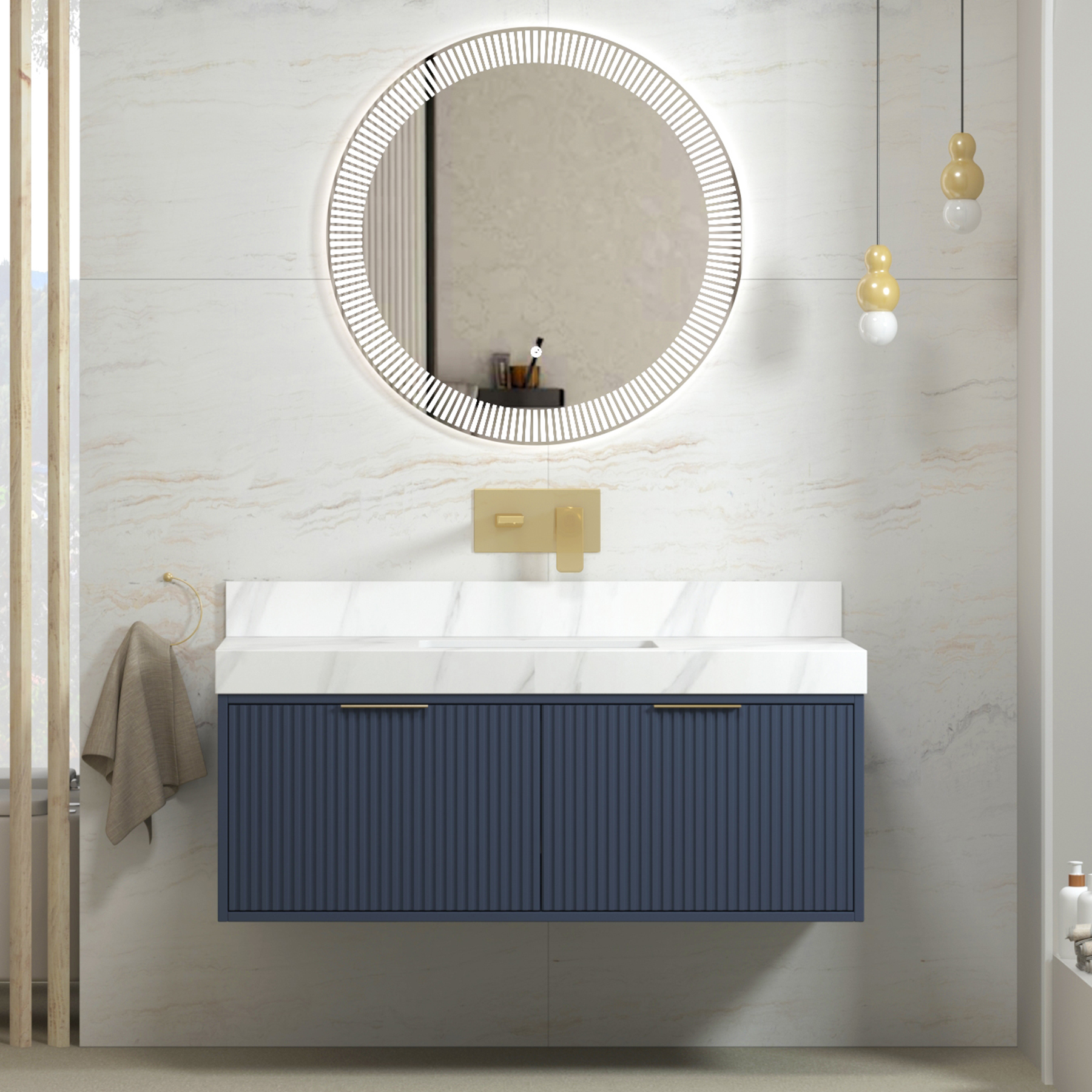 Florina 1200mm Navy Blue Vanity Unit with Carrara Marble Top & Brass