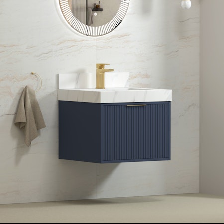 Florina 600mm Navy Blue Vanity Unit with Carrara White Top & Brushed Brass Handle