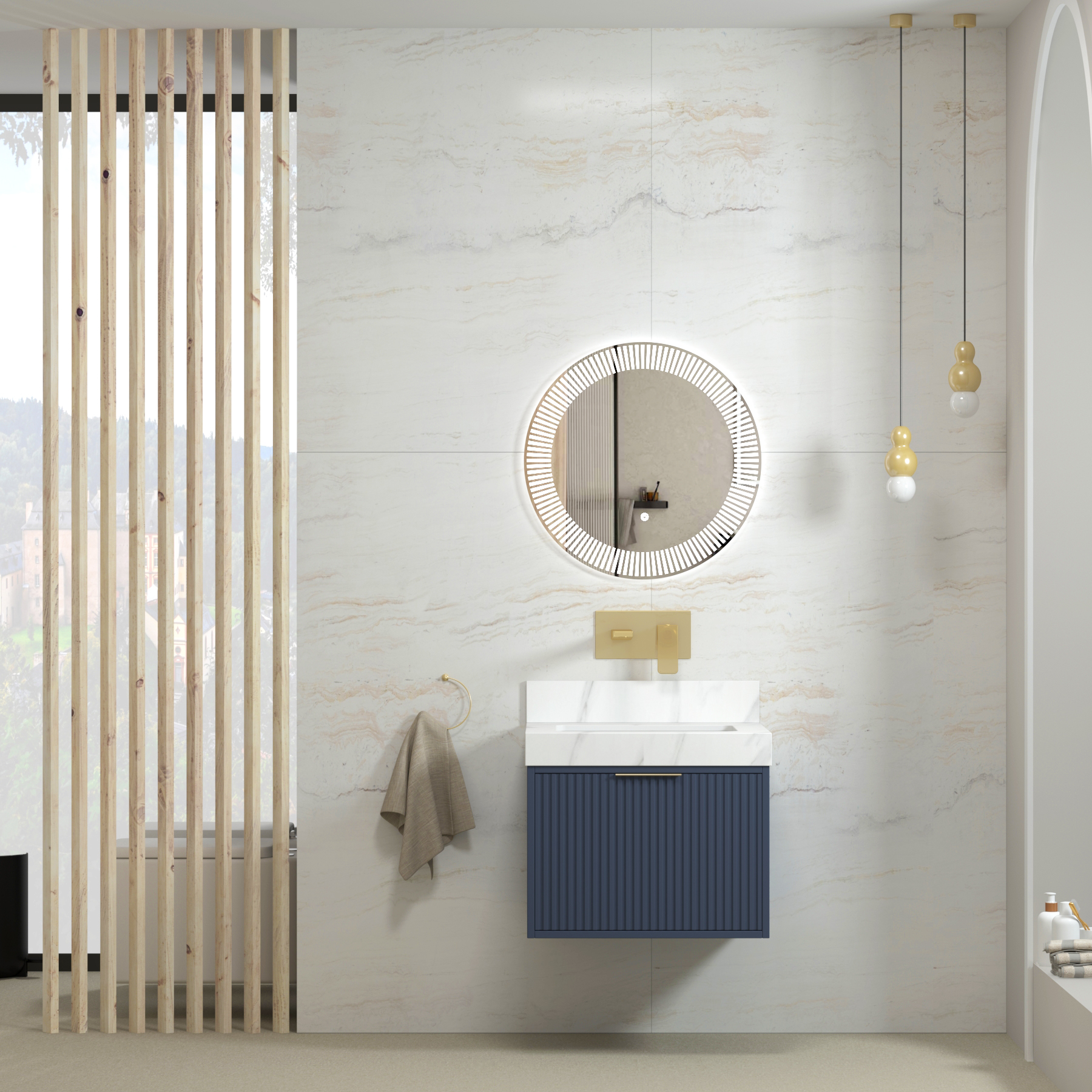 Florina 600mm Navy Blue Vanity Unit with Carrara White Top & Brushed Brass Handle
