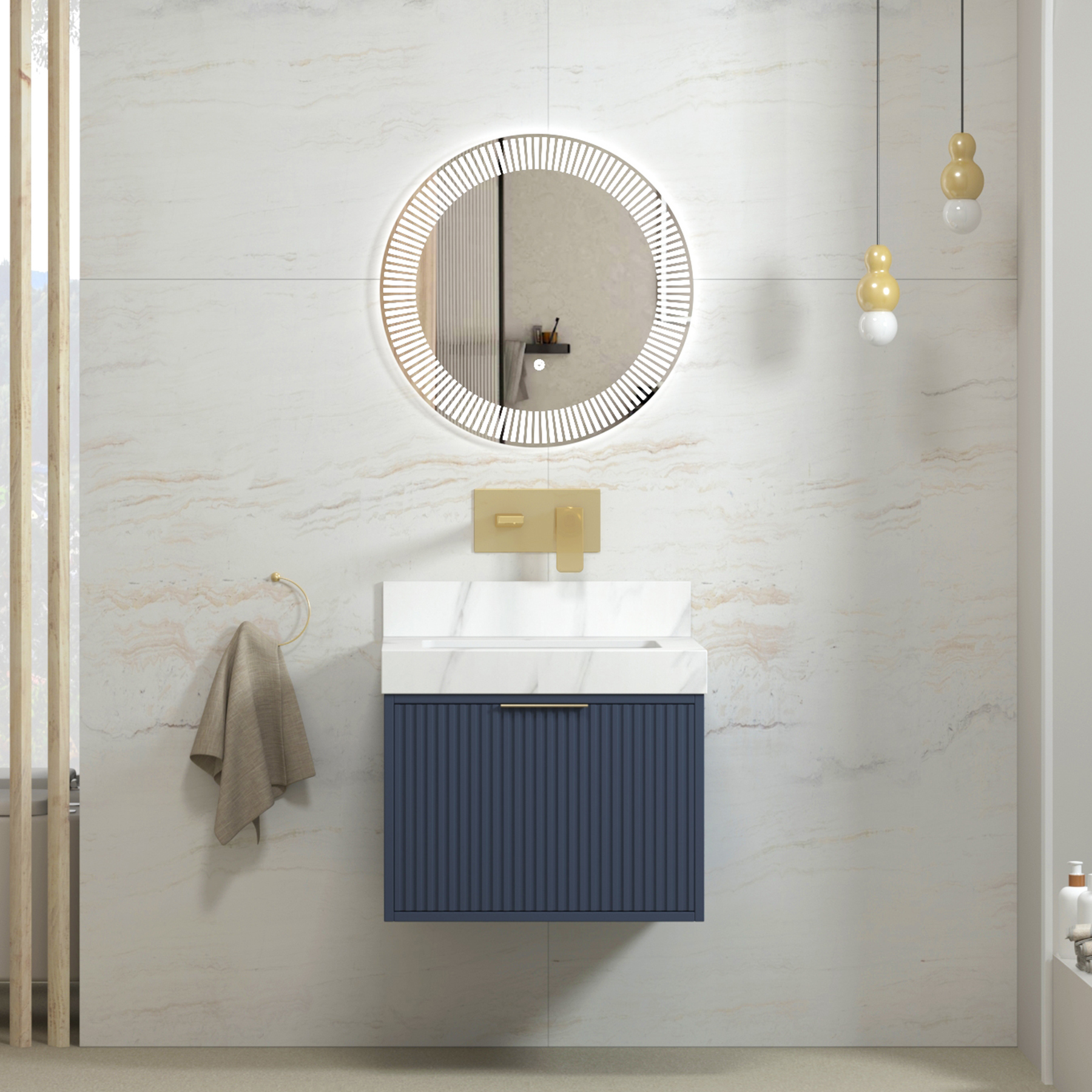Florina 600mm Navy Blue Vanity Unit with Carrara White Top & Brushed Brass Handle