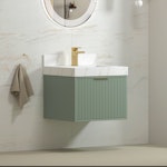 Florina 600mm Mint Green Vanity Unit with Carrara White Top & Brushed Brass Handle