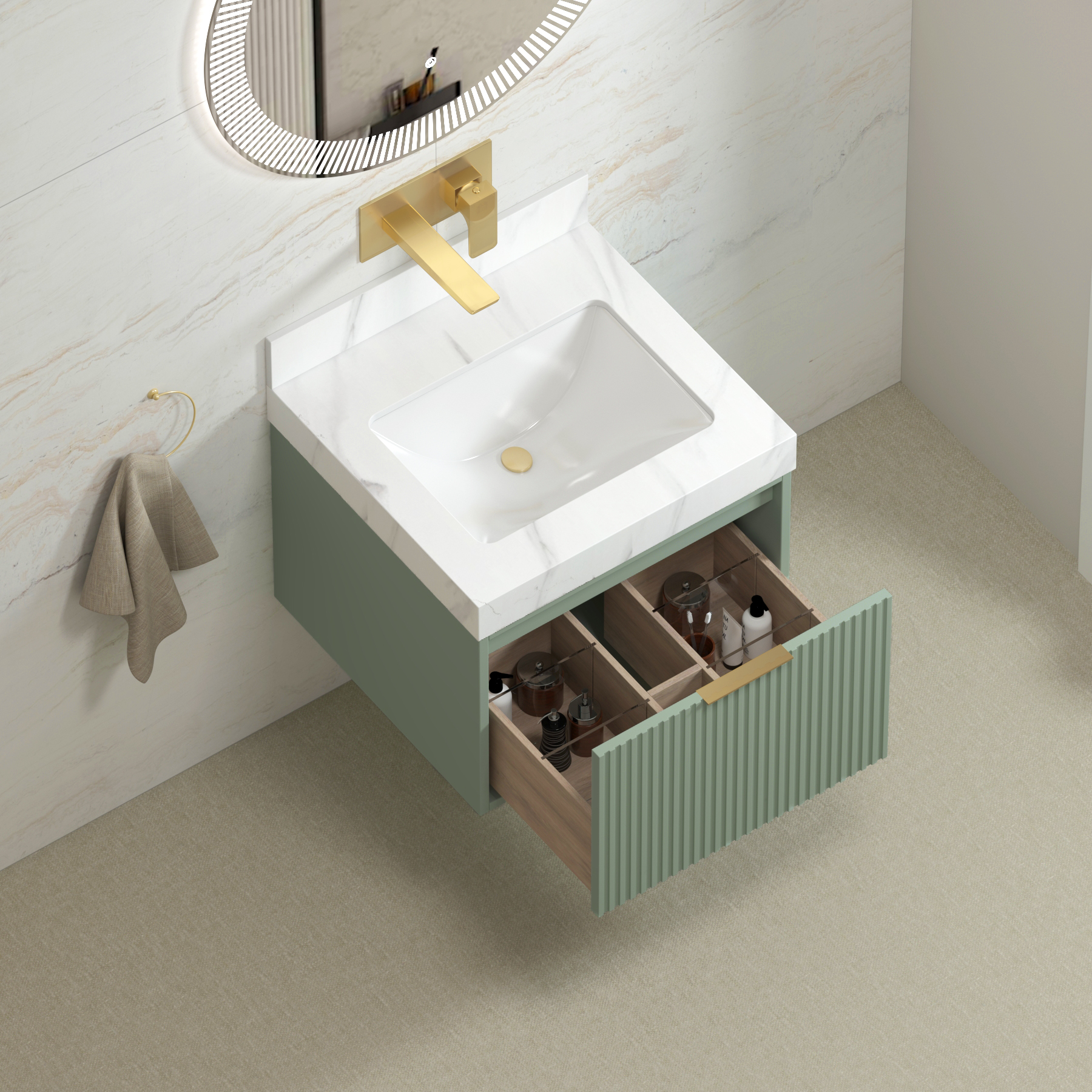 Florina 600mm Mint Green Vanity Unit with Carrara White Top & Brushed ...