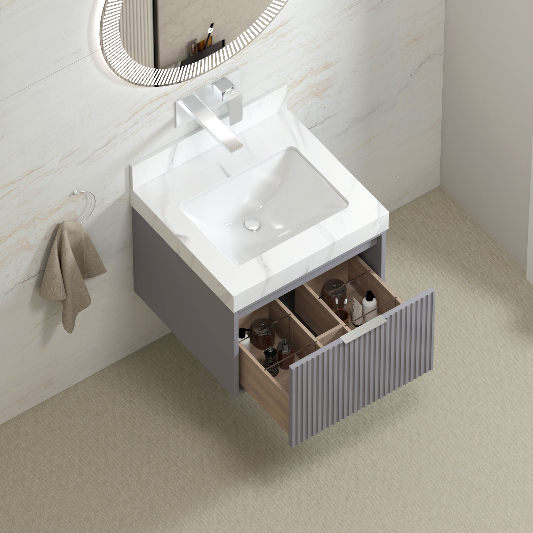 Florina 600mm Rock Grey Vanity Unit with Carrara White Top & Chrome Handle
