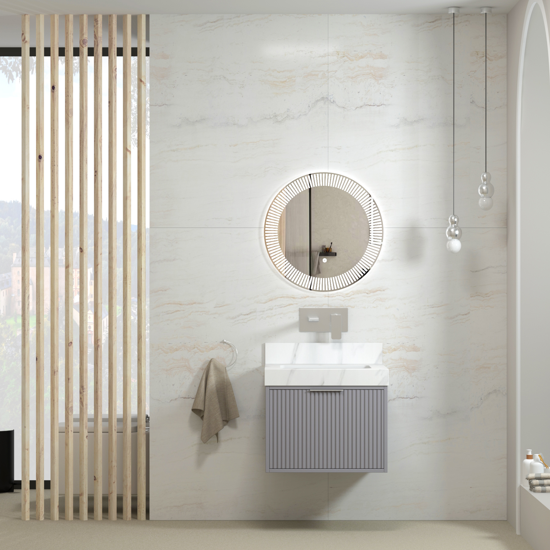 Florina 600mm Rock Grey Vanity Unit with Carrara White Top & Chrome Handle