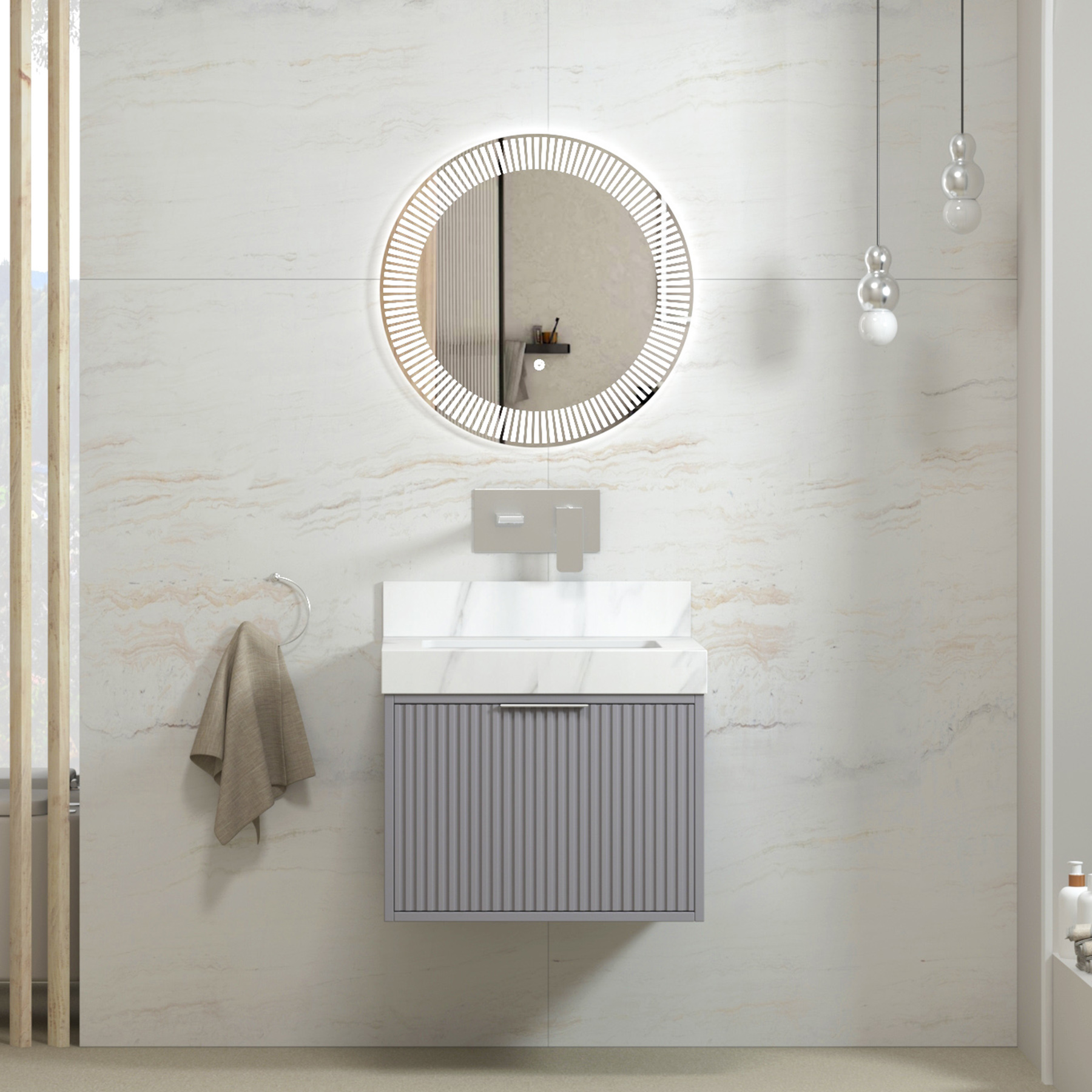 Florina 600mm Rock Grey Vanity Unit with Carrara White Top & Chrome Handle