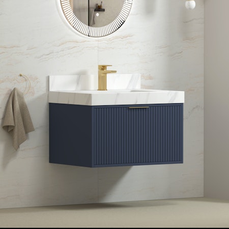 Florina 750mm Navy Blue Vanity Unit with Carrara White Top & Brushed Brass Handle