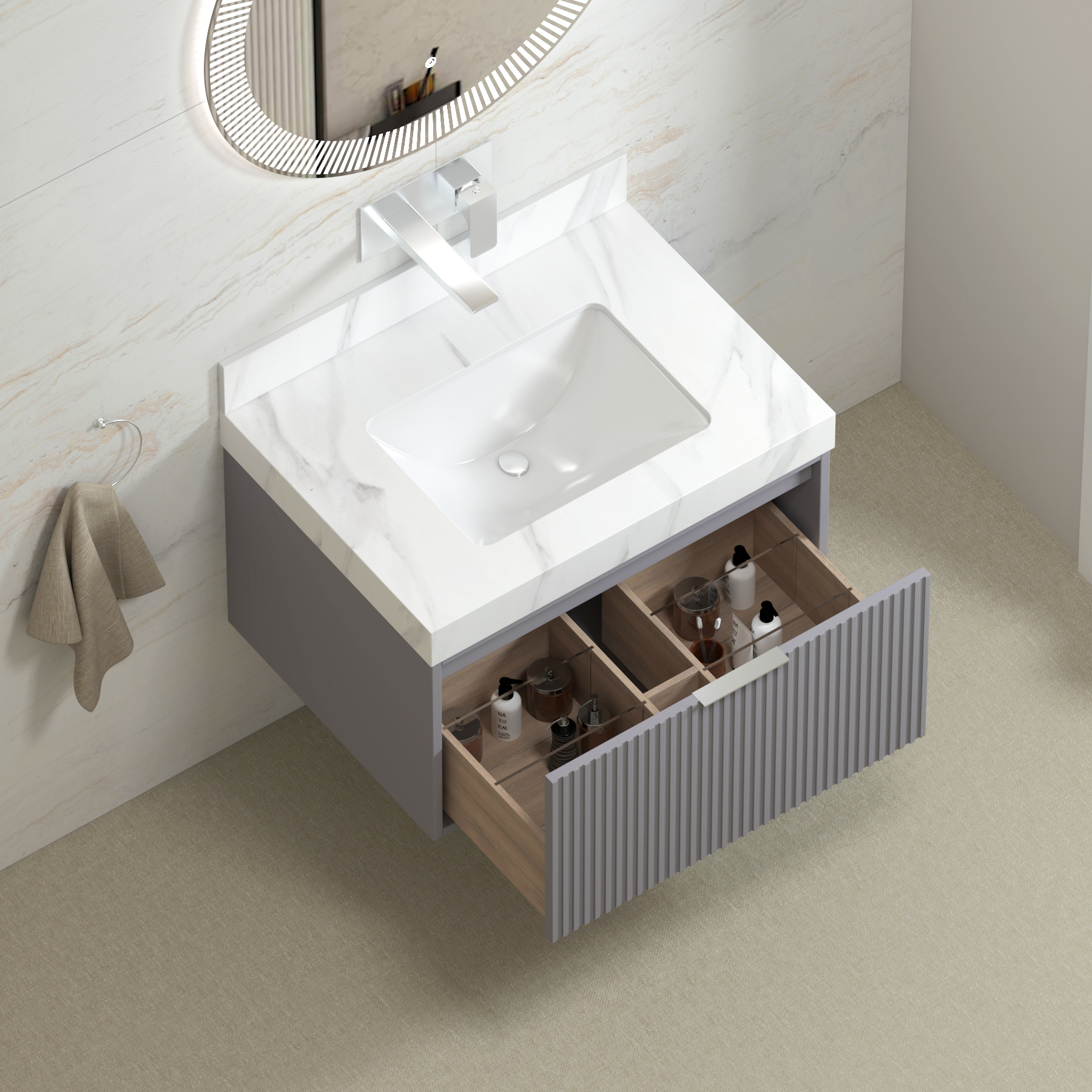 Florina 750mm Rock Grey Vanity Unit with Carrara White Top & Chrome Handle