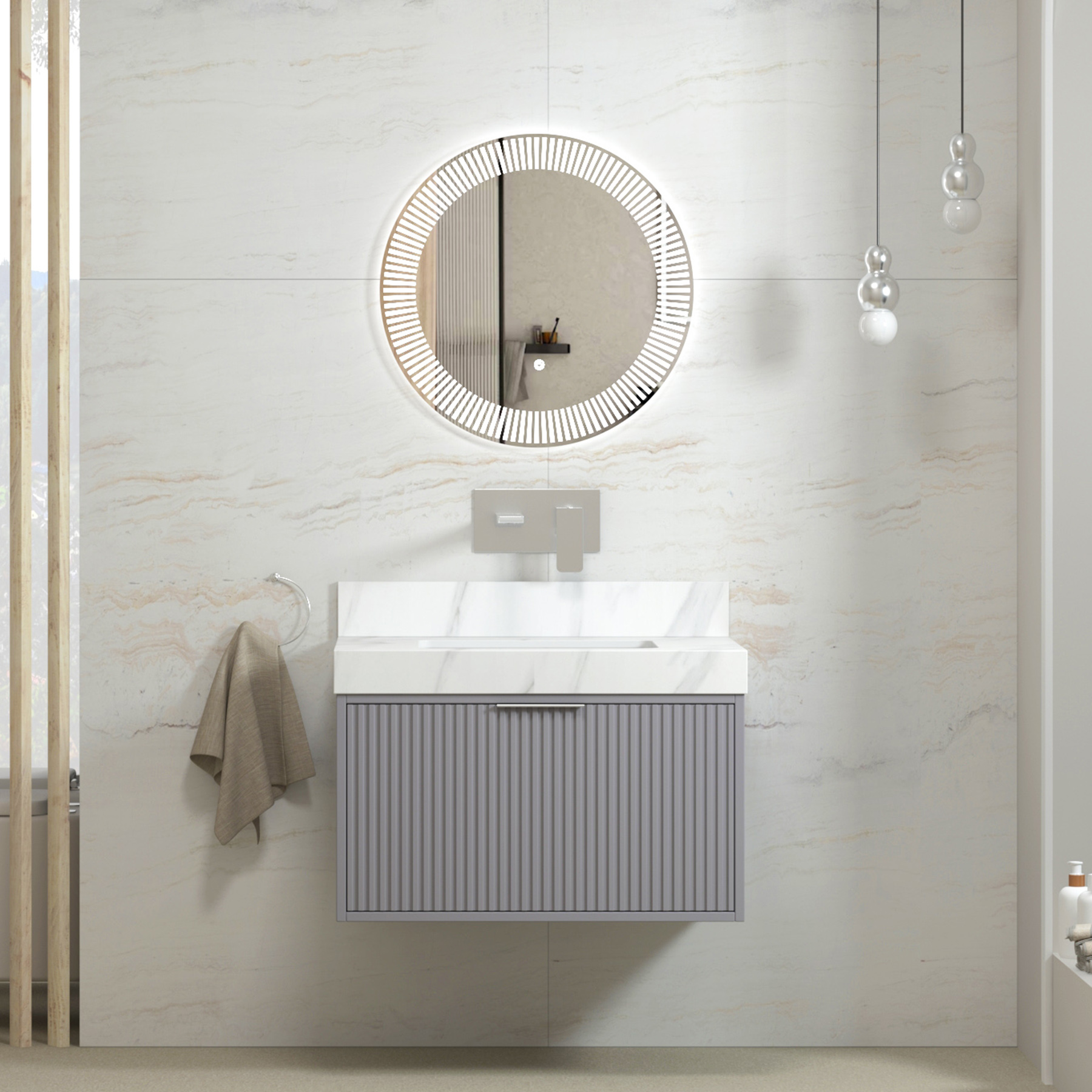 Florina 750mm Rock Grey Vanity Unit with Carrara White Top & Chrome Handle