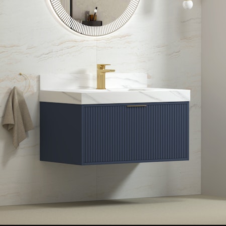Florina Navy Blue Soft Close Drawer Vanity Unit with Carrara Marble Top & Brass Handle