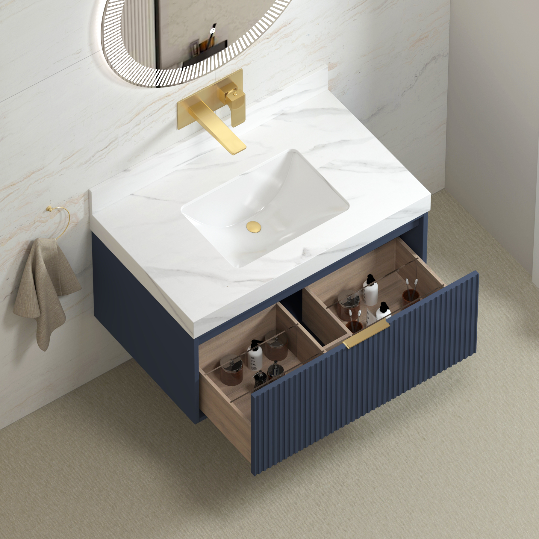 Florina Navy Blue Soft Close Drawer Vanity Unit with Carrara White Top & Brushed Brass Handle