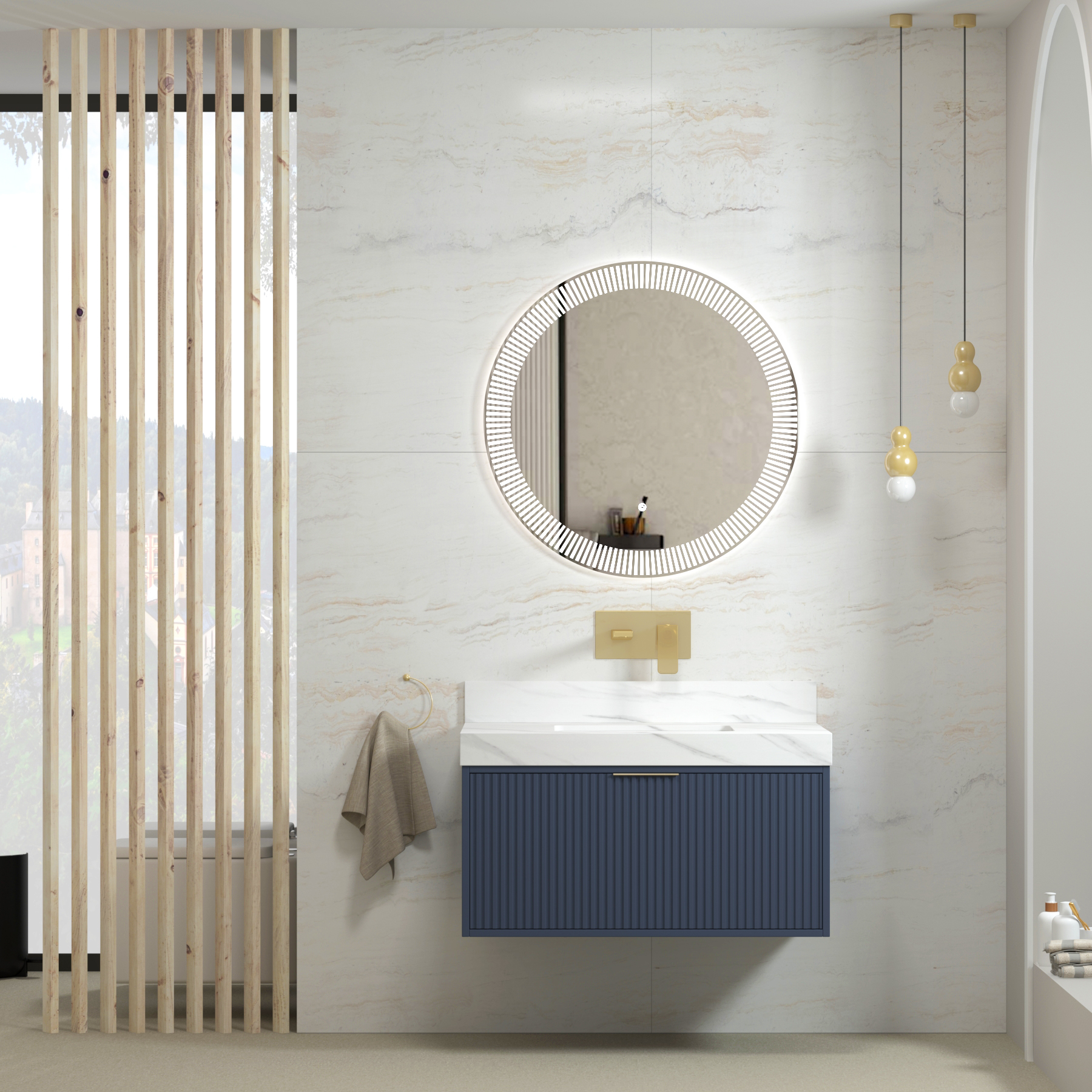 Florina Navy Blue Soft Close Drawer Vanity Unit with Carrara White Top & Brushed Brass Handle