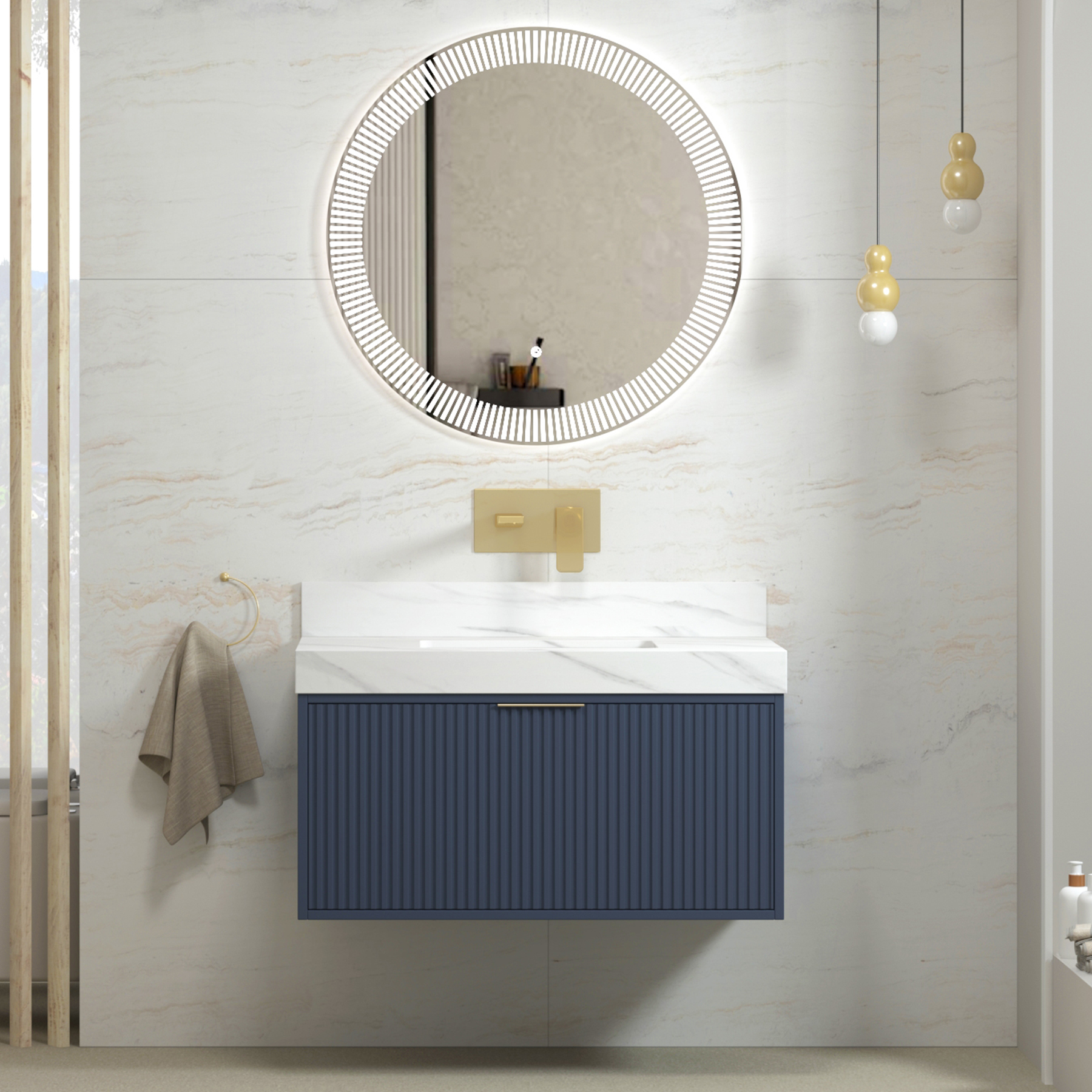 Florina Navy Blue Soft Close Drawer Vanity Unit with Carrara White Top & Brushed Brass Handle
