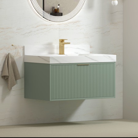 Florina Mint Green Soft Close Drawer Vanity Unit with Carrara White Top & Brushed Brass Handle