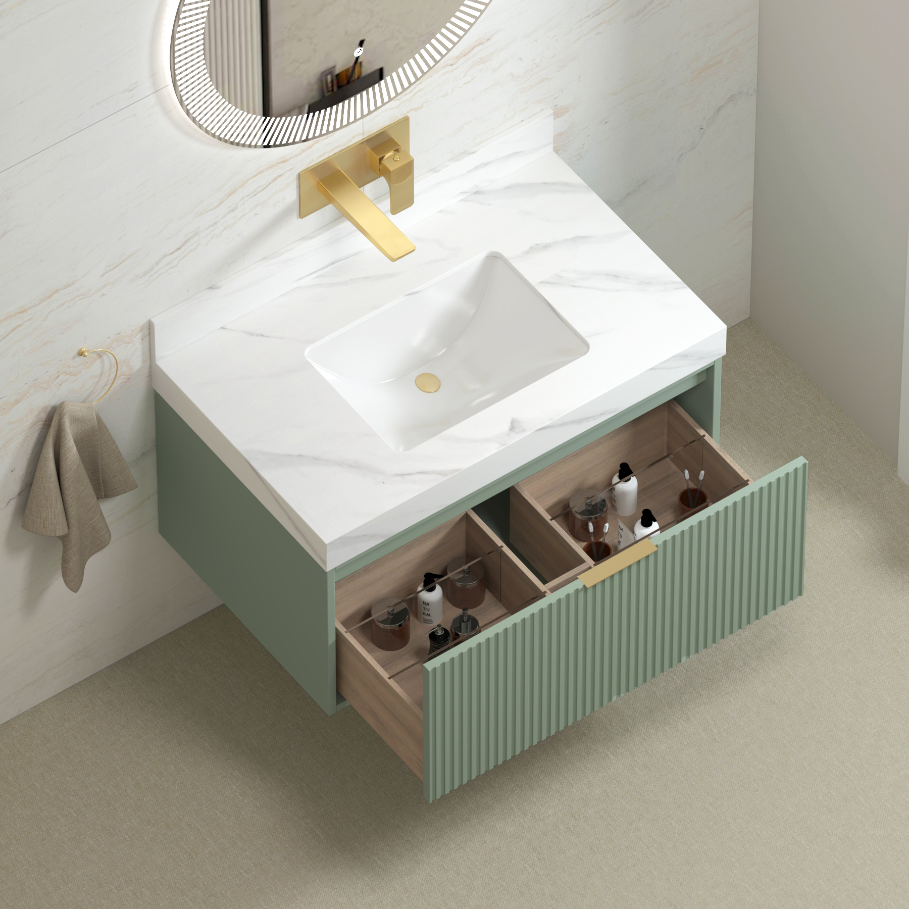 Florina Mint Green Soft Close Drawer Vanity Unit with Carrara White Top & Brushed Brass Handle