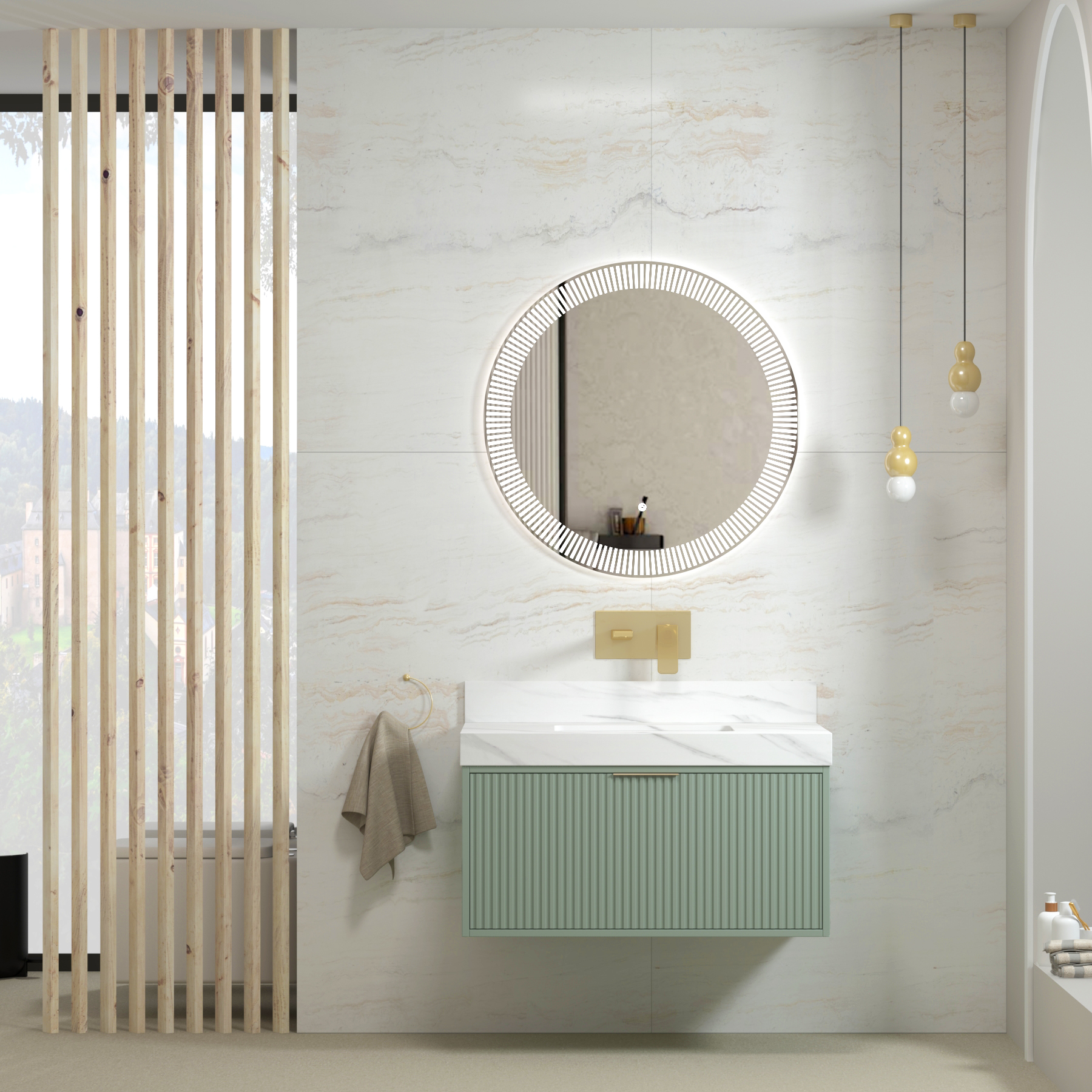 Florina Mint Green Soft Close Drawer Vanity Unit with Carrara White Top & Brushed Brass Handle