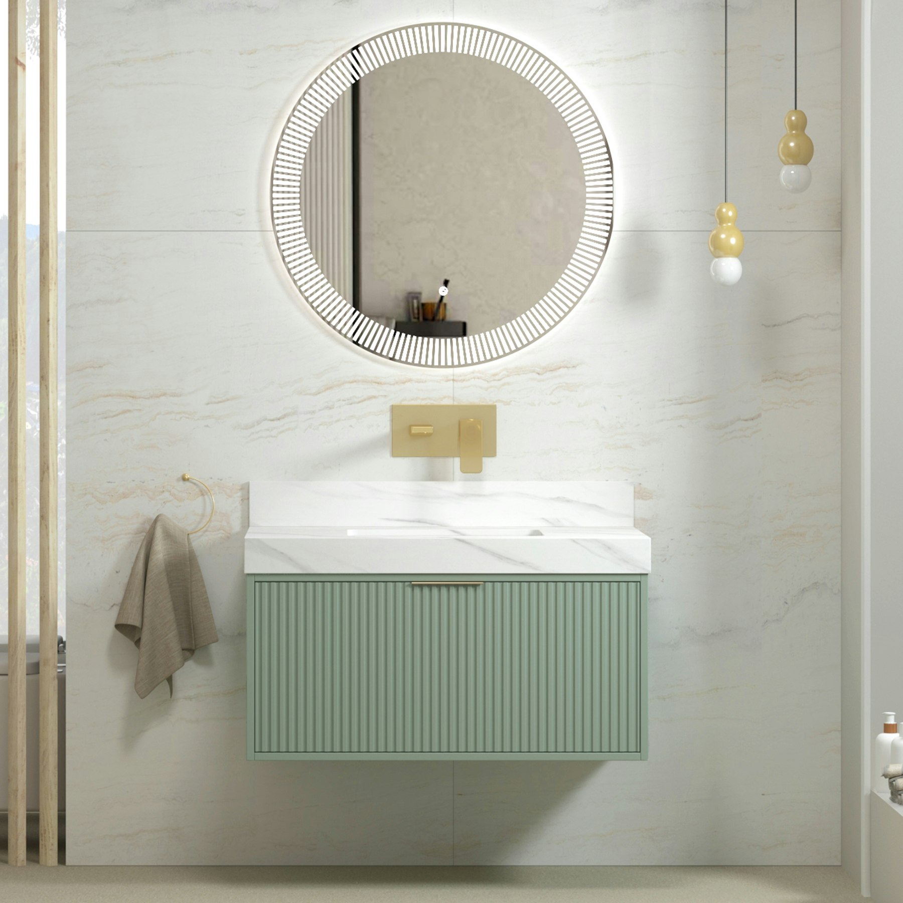 Florina Mint Green Soft Close Drawer Vanity Unit with Carrara White Top & Brushed Brass Handle