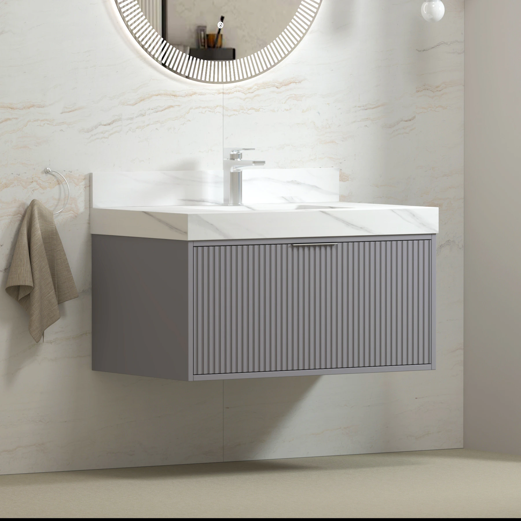 Florina Rock Grey Soft Close Drawer Vanity Unit with Carrara White Top & Chrome Handle