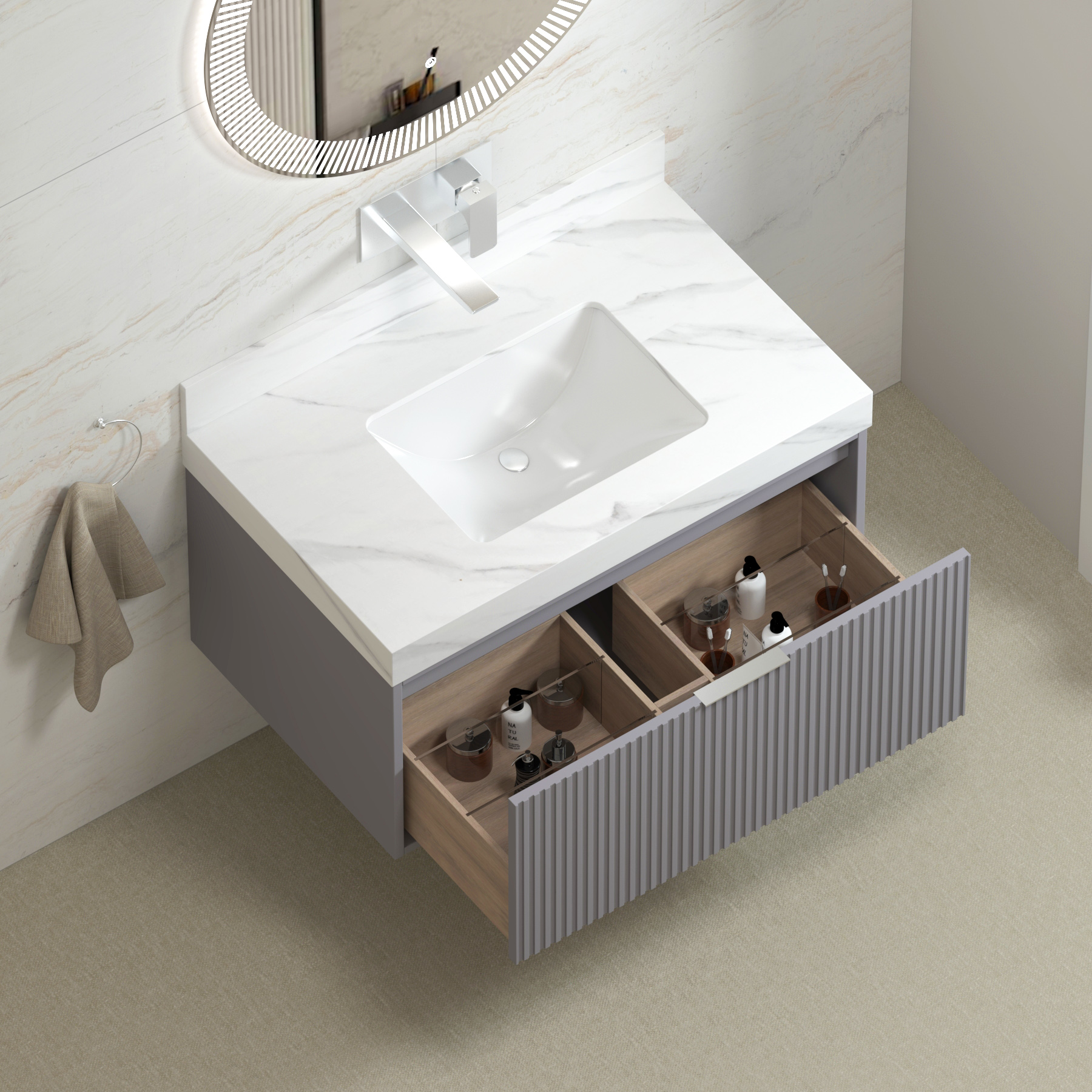 Florina Rock Grey Soft Close Drawer Vanity Unit with Carrara White Top & Chrome Handle