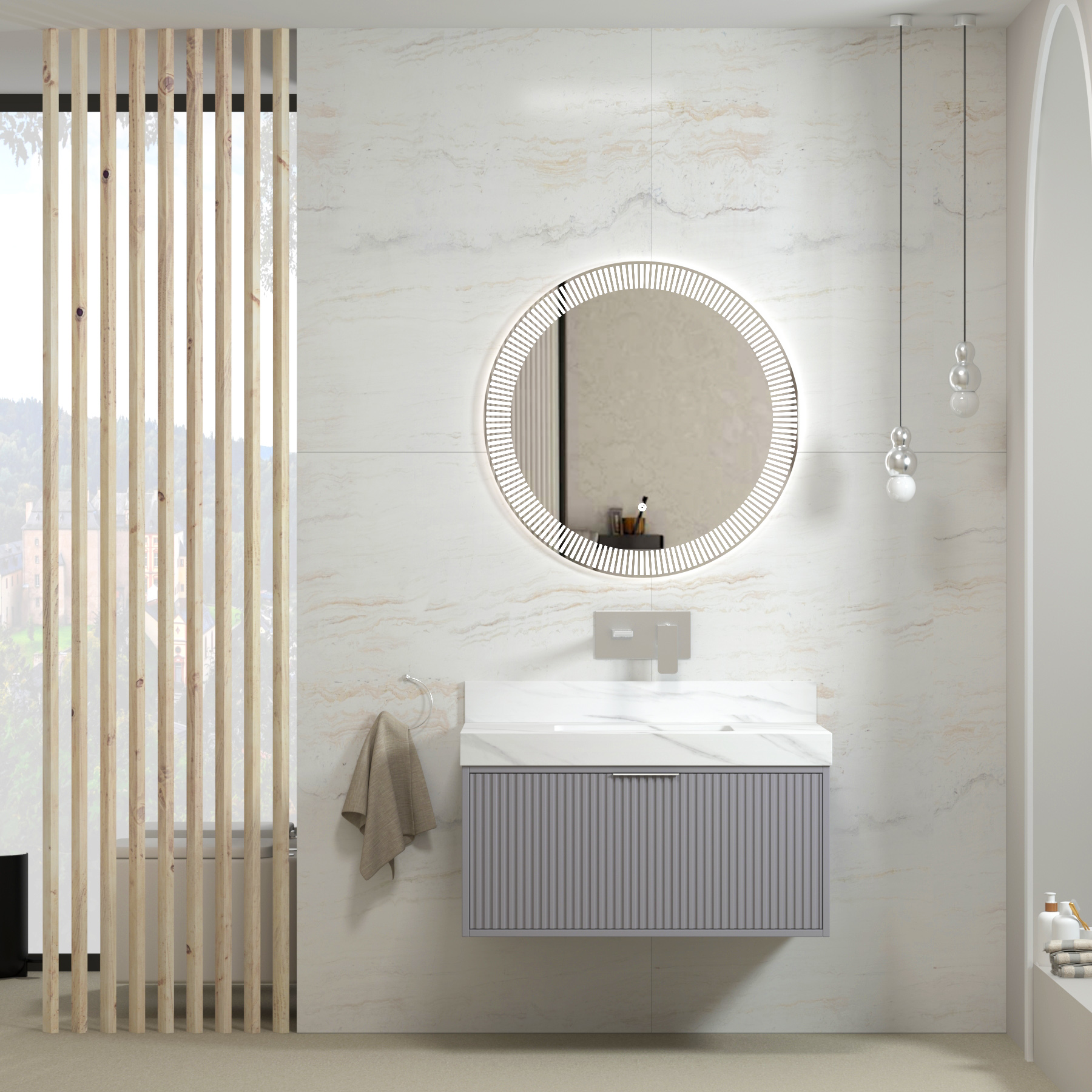 Florina Rock Grey Soft Close Drawer Vanity Unit with Carrara White Top & Chrome Handle