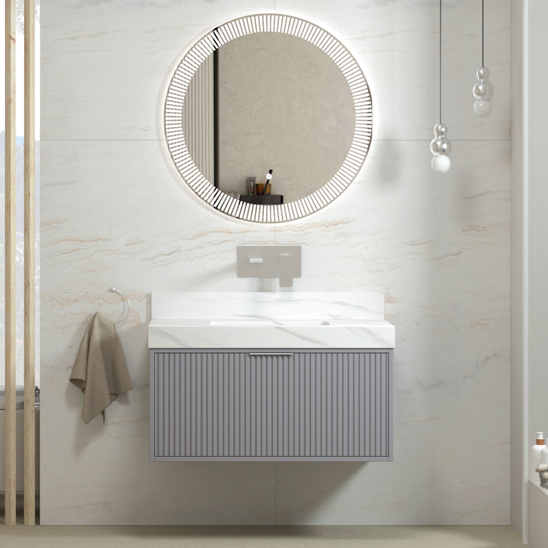 Florina Rock Grey Soft Close Drawer Vanity Unit with Carrara White Top & Chrome Handle