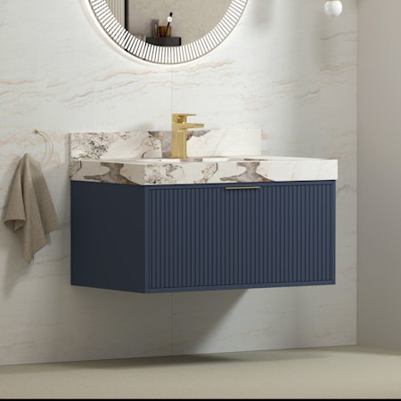 Florina Navy Blue Soft Close Drawer Vanity Unit with Pandora Marble Top & Brass Handle