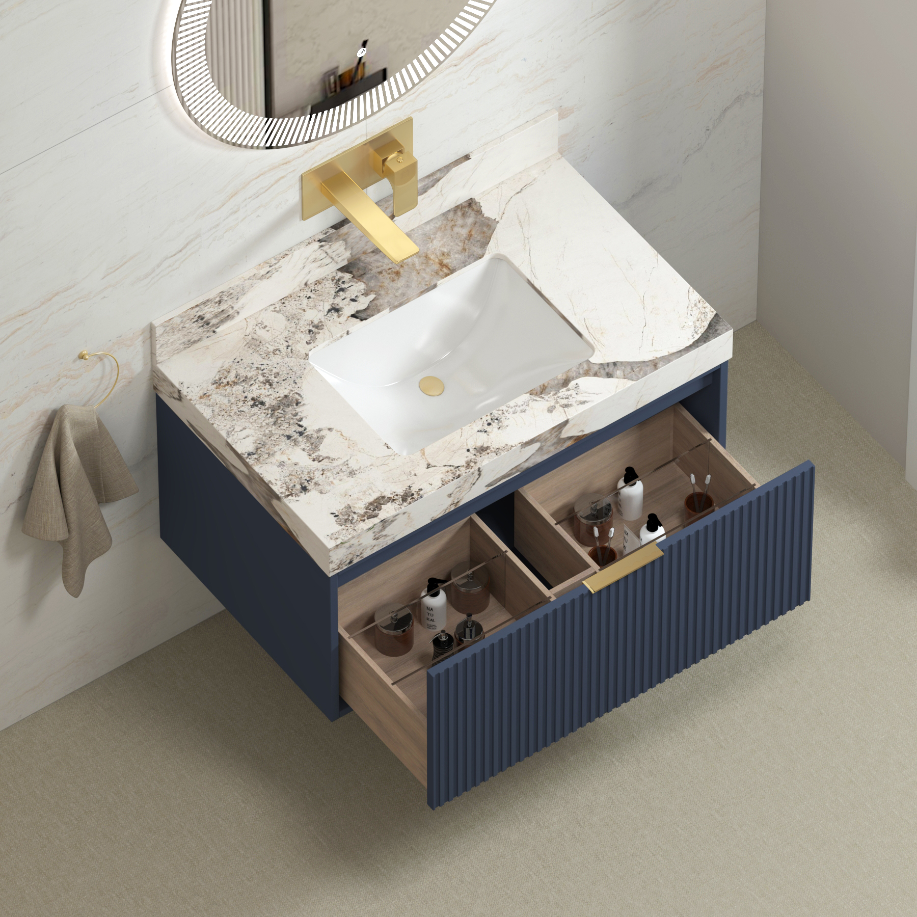 Florina Navy Blue Soft Close Drawer Vanity Unit with Pandora Top & Brushed Brass Handle