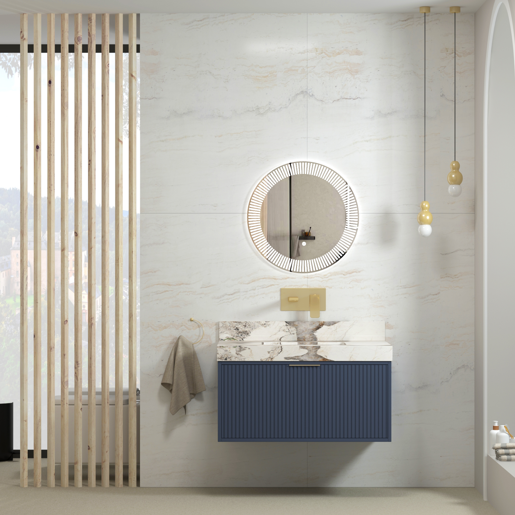 Florina Navy Blue Soft Close Drawer Vanity Unit with Pandora Top & Brushed Brass Handle