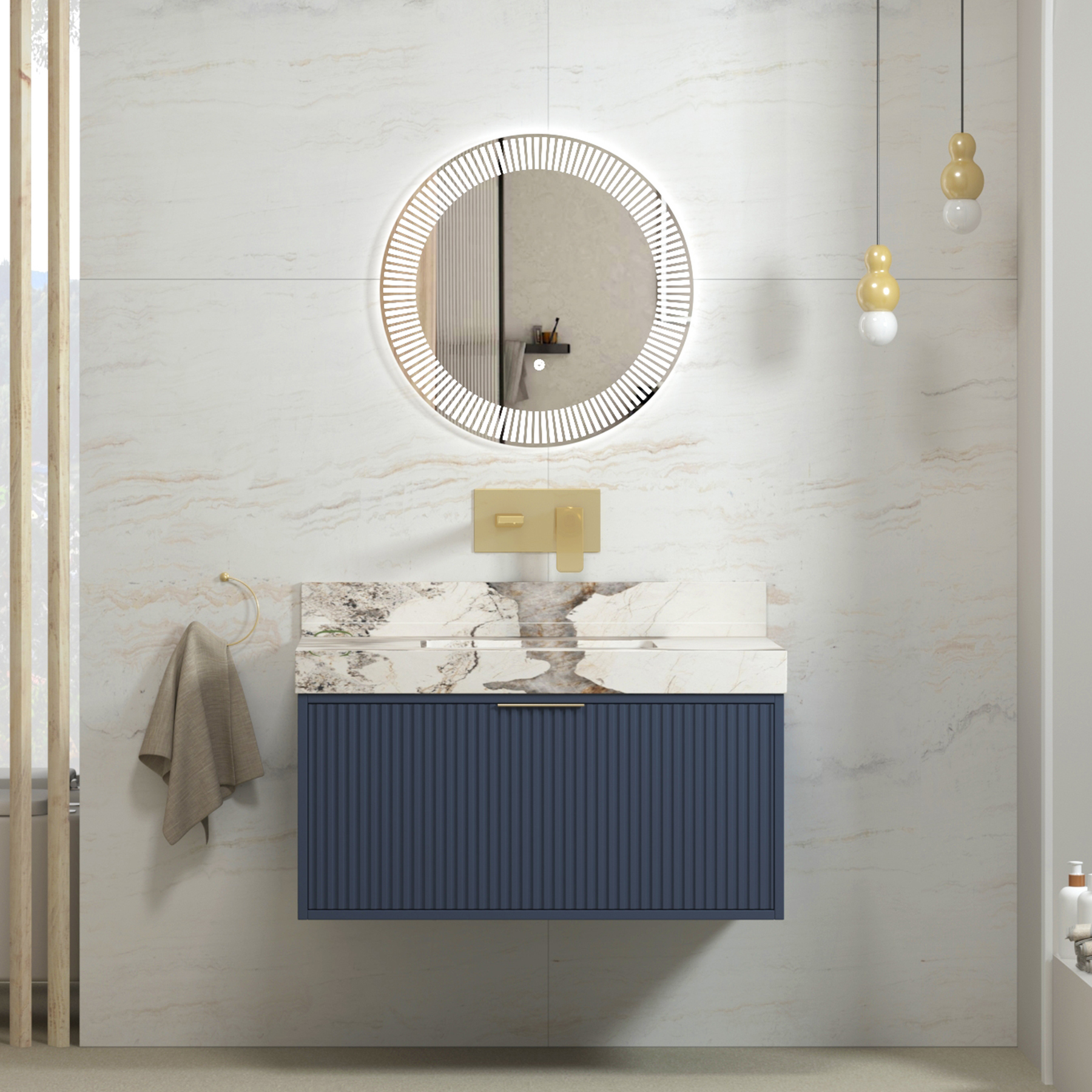 Florina Navy Blue Soft Close Drawer Vanity Unit with Pandora Top & Brushed Brass Handle
