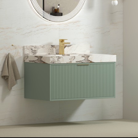 Florina Mint Green Soft Close Drawer Vanity Unit with Pandora Marble Top & Brass Handle
