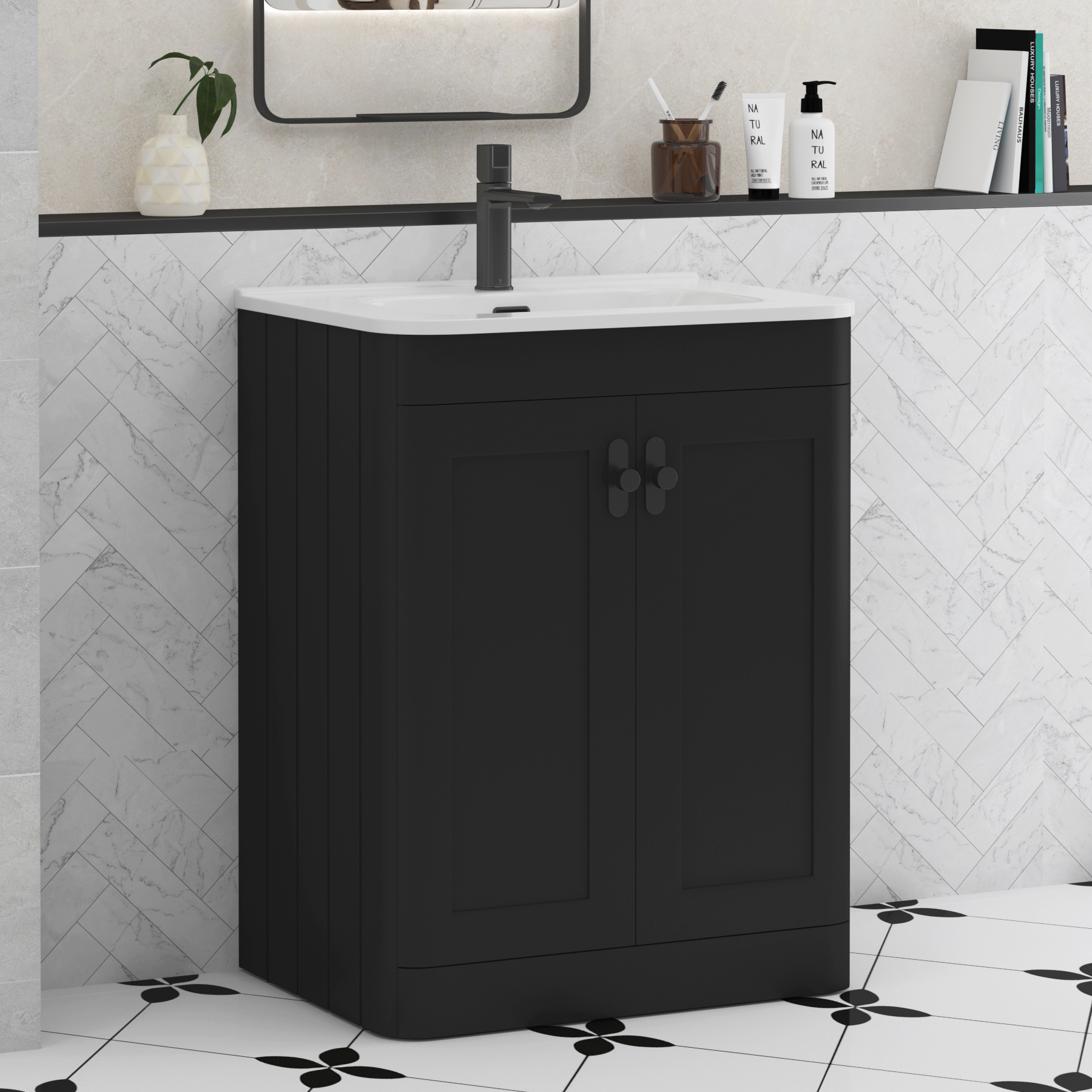 Henley Matt Nocturne Black 2 Door Floor Standing Vanity Unit with Optional Basin & Knobs