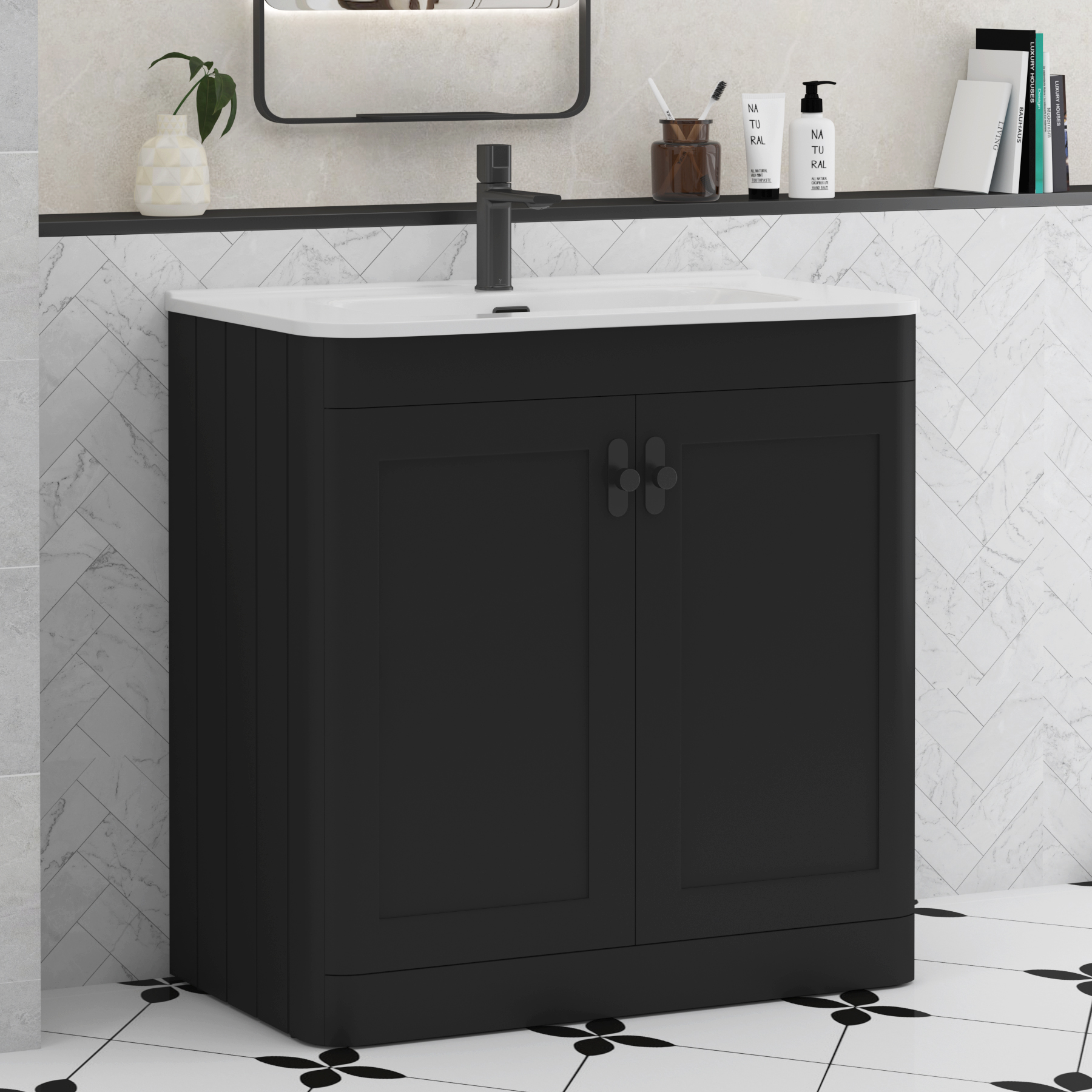 Henley Matt Nocturne Black 2 Door Floor Standing Vanity Unit with Optional Basin & Knobs